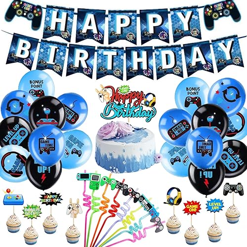 36 piezas de decoración de fiesta de cumpleaños de videojuegos, pancarta de feliz cumpleaños azul marino, globos de látex, pajitas para beber,