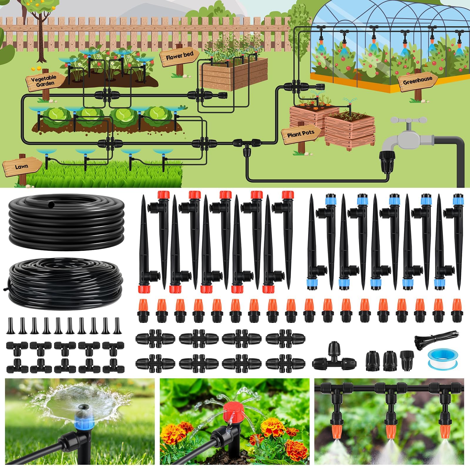 240FT Drip Irrigation System for Garden, 2026 Upgraded Quick-Connect Automatic Garden Watering System with 1/2" & 1/4" Tubing and Adjustable Nozzle Emitters for Greenhouse, Yard, Lawn, Raised Bed