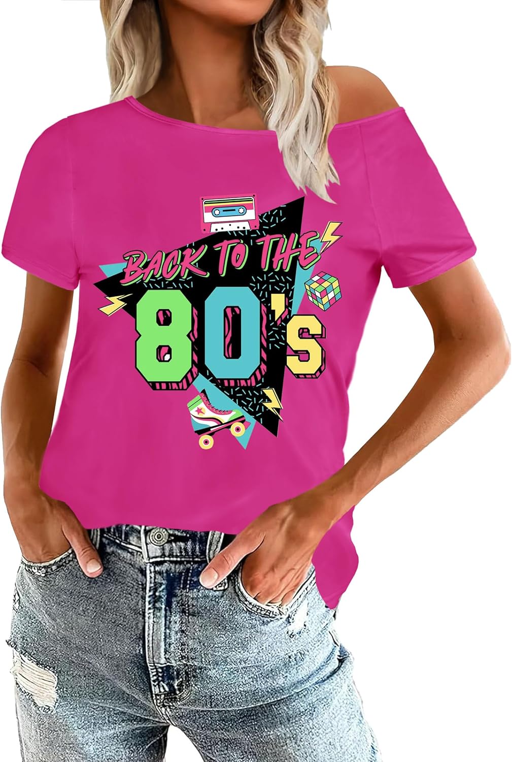 80s Shirts for Women Retro Off The Shoulder Top Disco 80s 90s Theme Party Outfit