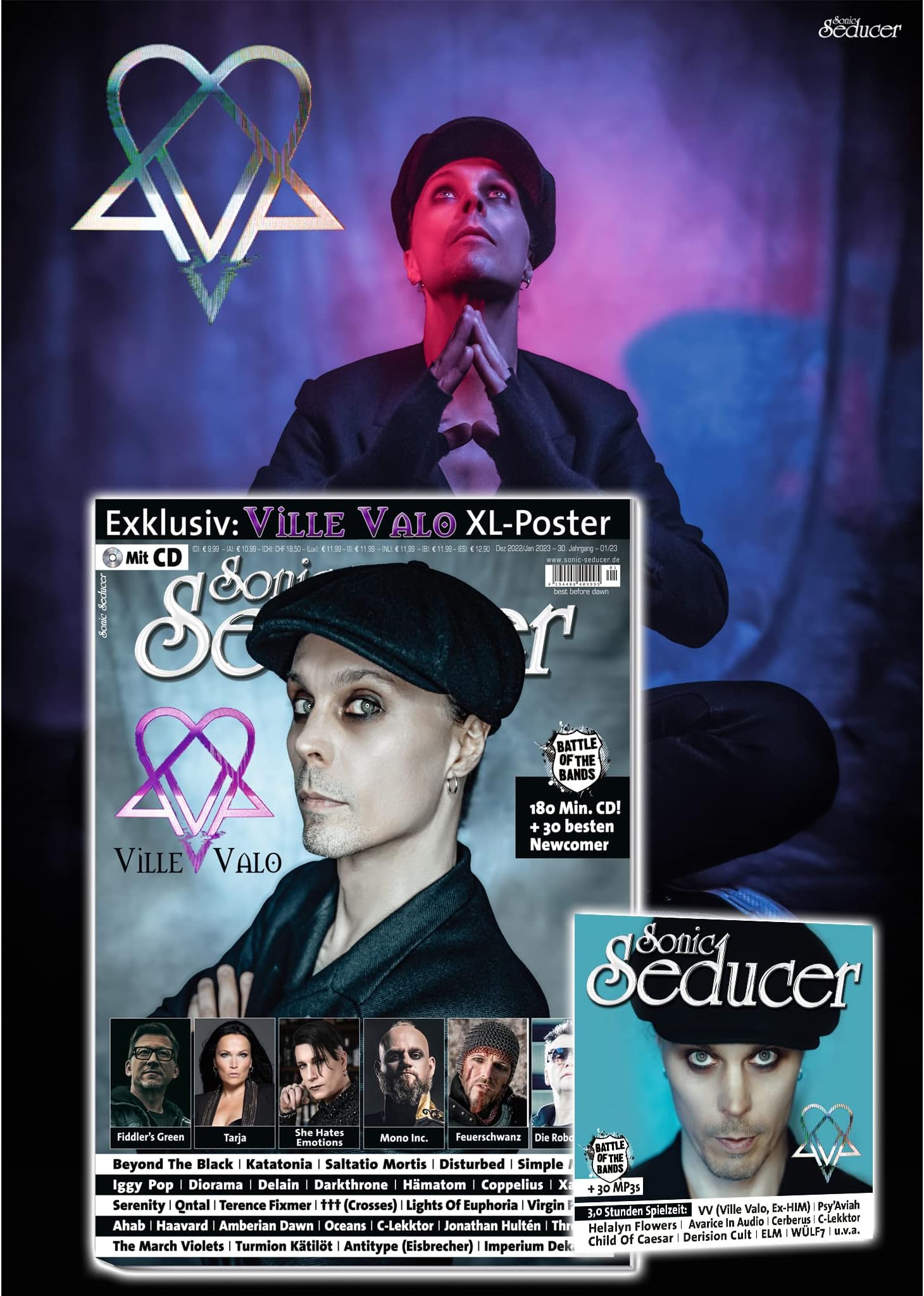 Sonic Seducer 12/2022 - 01/2023: + CD (3 St. Spielzeit!): VV / Ville Valo / HIM mit exkl. XXL - Poster + She Hates Emotions + Roger O`Donnell (The ... + Disturbed + Battle Of The Bands-Contest