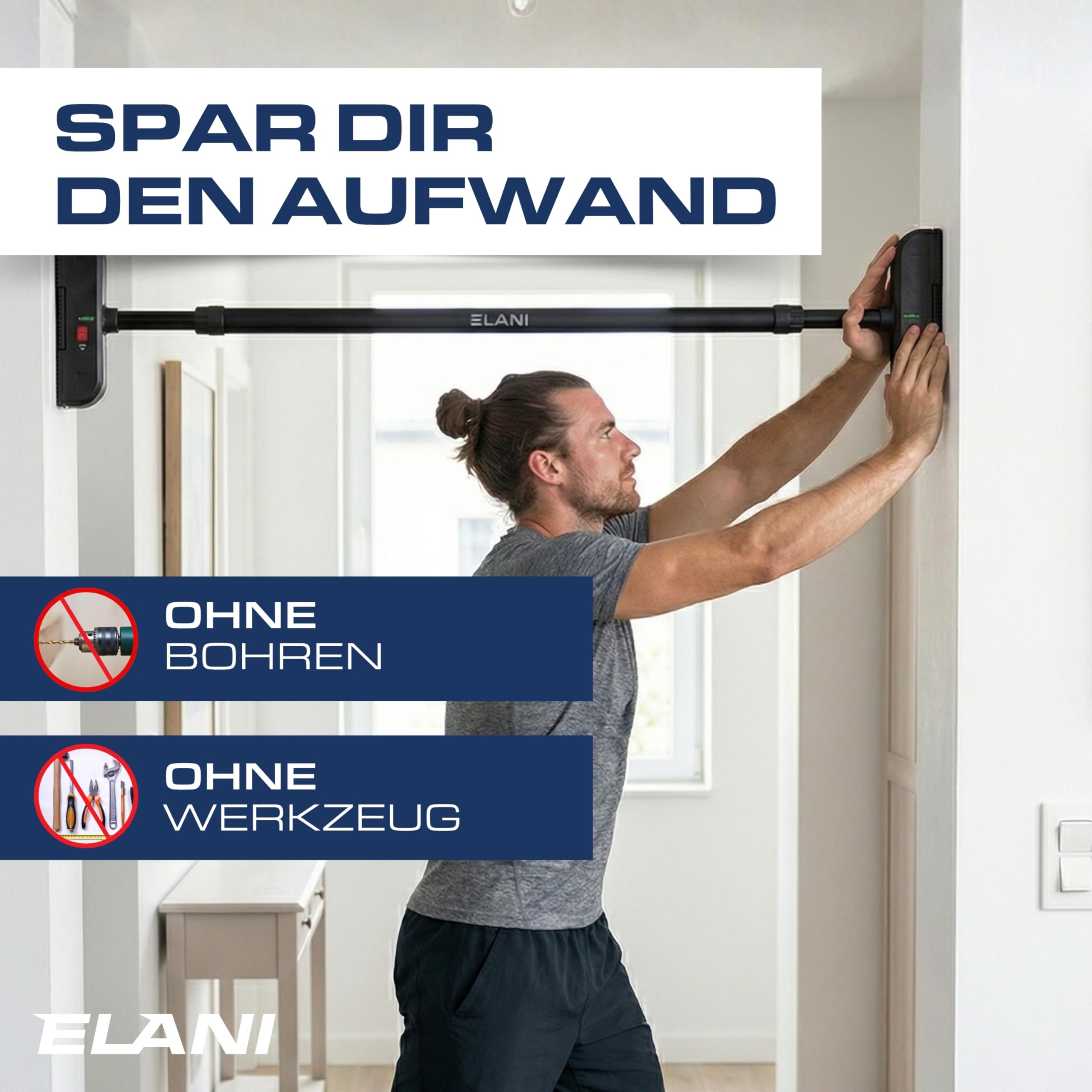 ELANI – Klimmzugstange Wandmontage 115–140 cm | Ohne Bohren | Mit Wasserwaage & sicherem Halt | Pull Up Bar für Flur, Decke & Indoor | Reckstange für Klimmzüge und Training zuhause