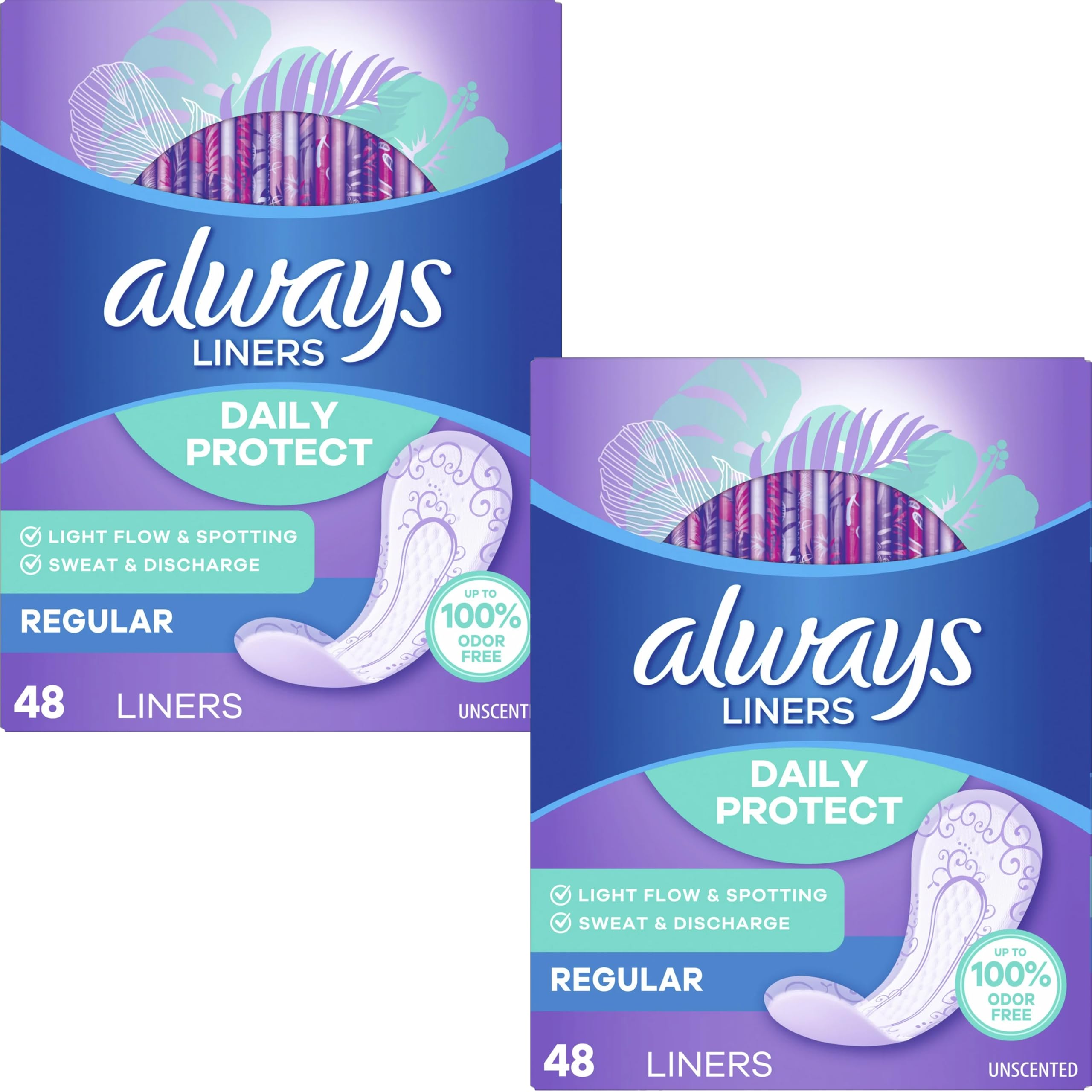 Always Radiant Pantiliners, Regular, Unscented, 48 Liners (Pack of 2)