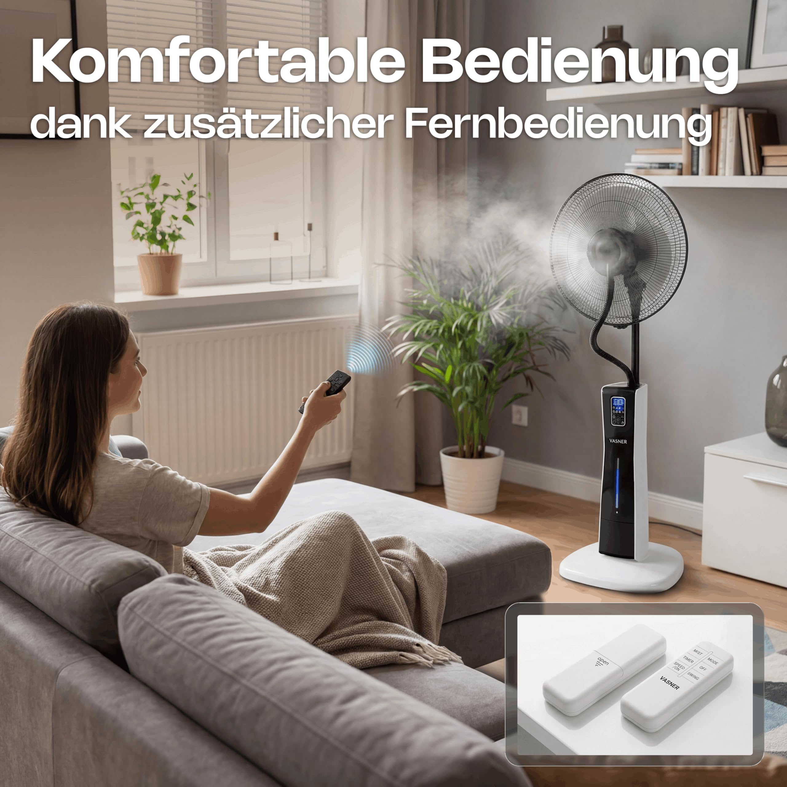 VASNER Cooly Standventilator mit Sprühnebel – Ventilator Leise mit Kühlung – Großer Stand Ventilator mit Fernbedienung – Luftkühler Wasserkühlung 3 Stufen Timer Oszillation - Mit Schwenkfunktion