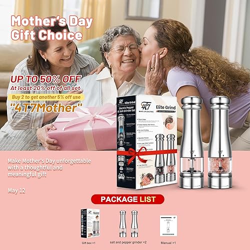 Miniatura 2 de 4T7 Juego de molinillo de sal y pimienta, molinillo de pimienta con gran capacidad, operación con una mano, acero inoxidable completo, grosor