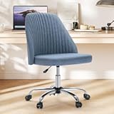 Sweetcrispy Armless Vanity Chair&comma; Cute Comfy Home Office Desk Chair with Wheels&comma; Modern Upholstered Task Computer Seat for Bedroom&comma; Study&comma; Makeup Vanity&comma; Height Adjustable & Swivel&comma; Blue