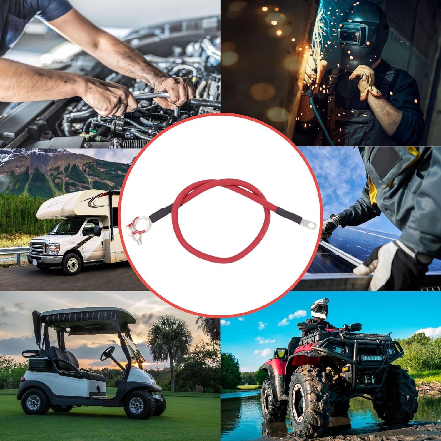 1/0 AWG Battery Cable with Battery Terminals, Pure Copper Wire, Automotive, Power Inverter, Welding, Golf Cart, Lawn Mower, Motorcycle (Red Wire, 3.5 FT (42 in), 3/8" to Top Post Pos, 1pc)