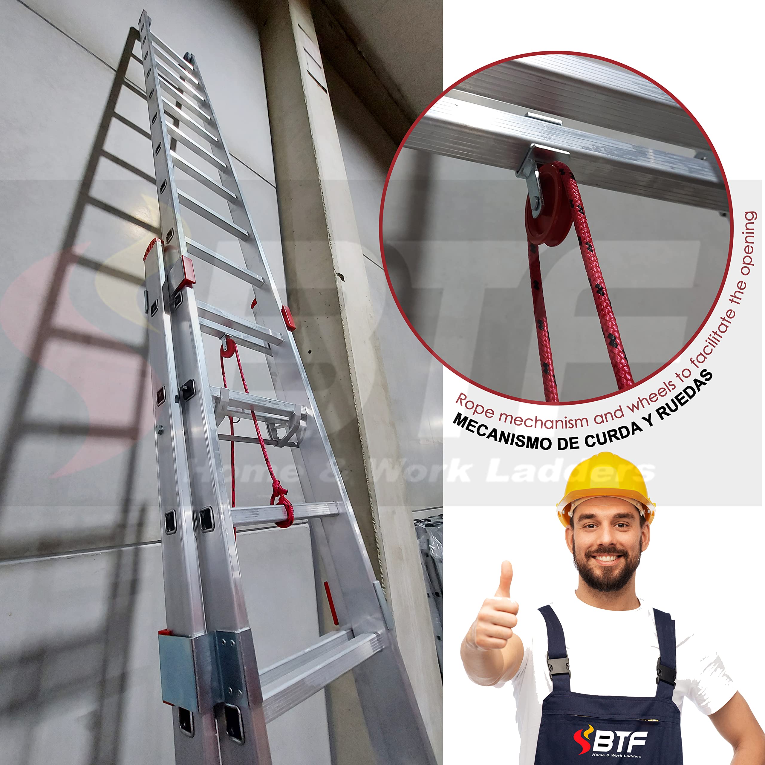BTF Escalera de Mano Profesional de Aluminio 2 Tramos x 11 Peldaños, Extensible por Cuerda, Altura Extendida 5,6m, Barra Estabilizadora | Uso Profesional, Carga 150kg, Norma EN131. Ref: BTF-EDEAC8035
