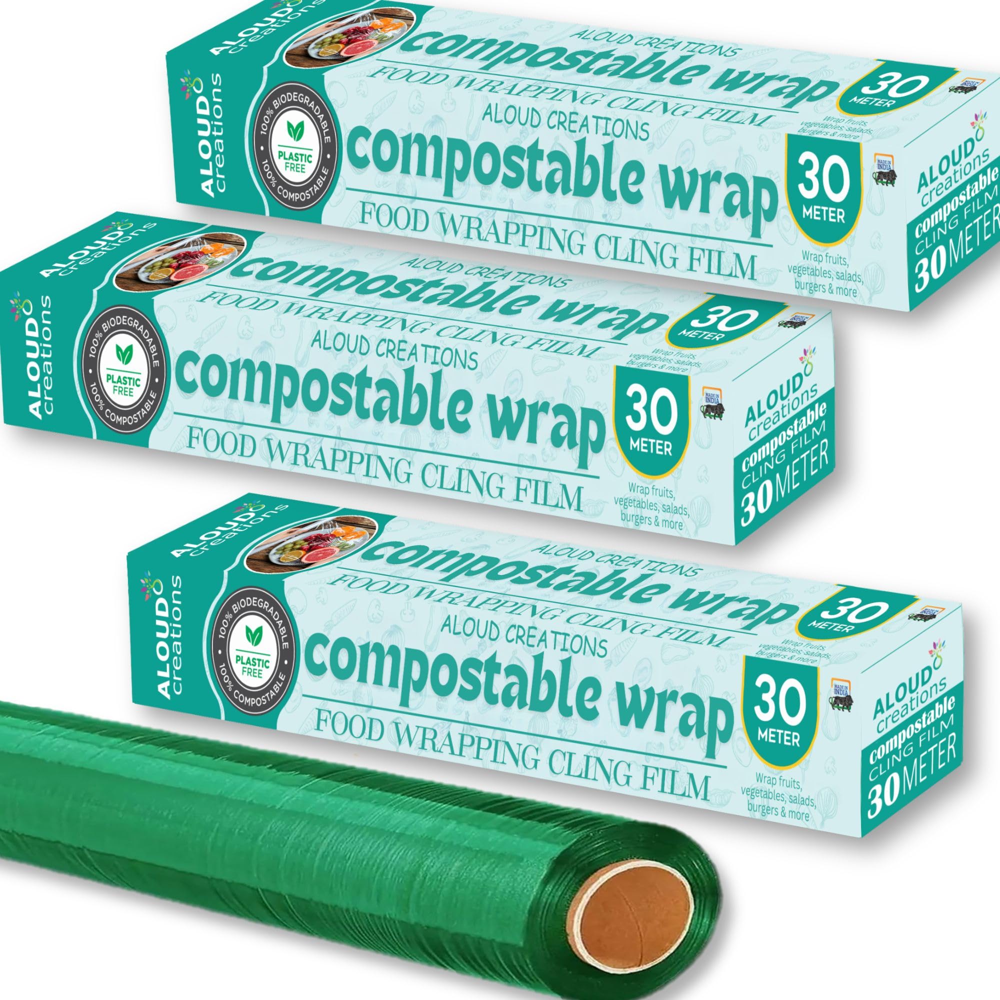 ALOUD CREATIONS Multipurpose Biodegradable Food Wrapping Film | Ideal for Food Storage, Food Packing | 30 Metres Length | Pack of 3