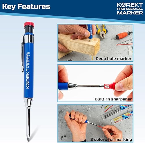 Miniatura 8 de KOREKT Marcador profesional, juego de lápices de carpintero mecánico resistente para construcción con 12 recambios y sacapuntas para carpintería,
