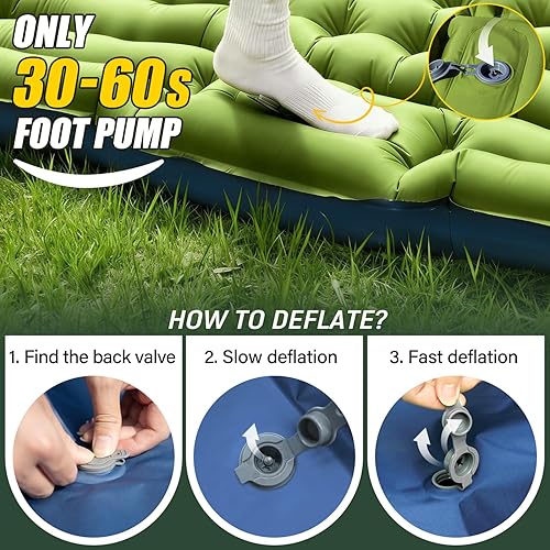 Miniatura 6 de Colchoneta de dormir doble – Autoinflable de 4 pulgadas extra gruesa para 2 personas con almohada con bomba de pie incorporada, alfombrilla inflable