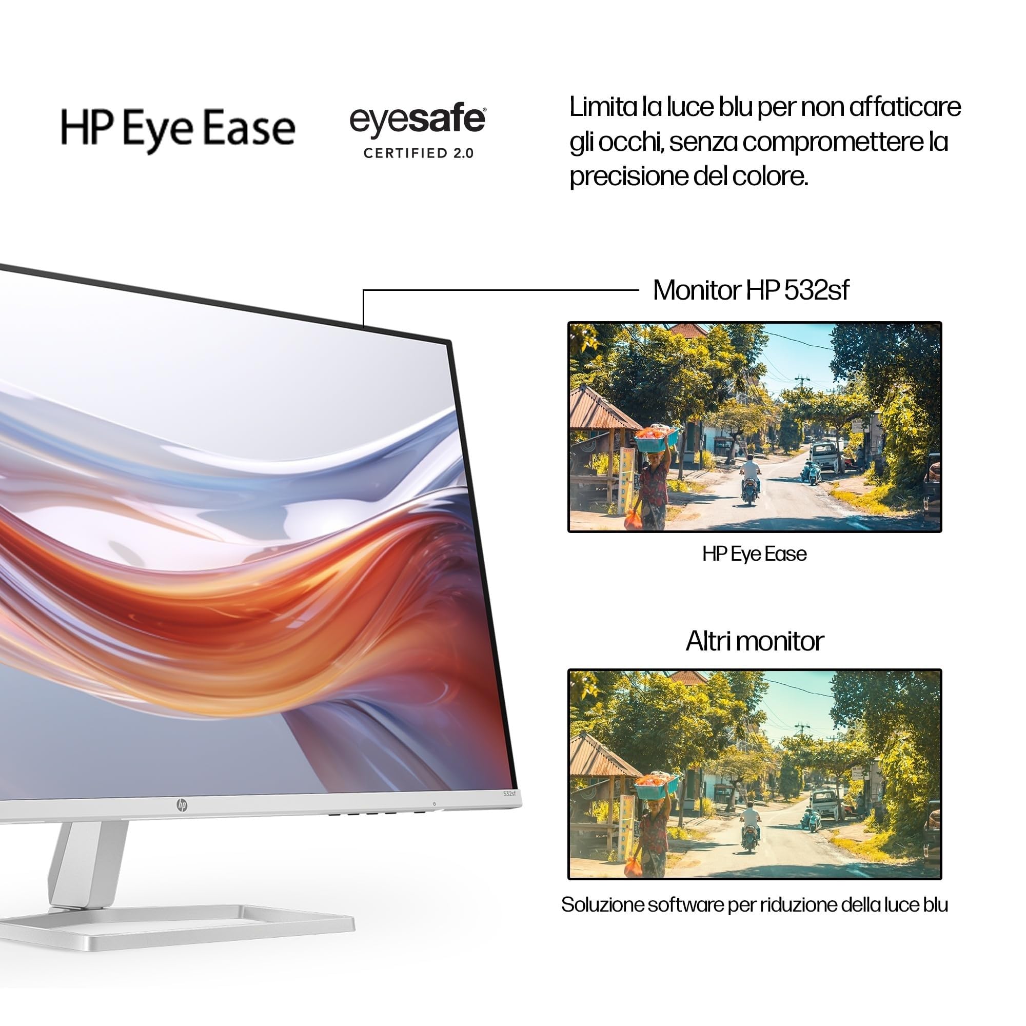 HP 532sf Monitor, Schermo da 31,5" FHD IPS Antiriflesso, Tecnologia Eye Ease, Tempo Risposta 5 ms GtG Overdrive, Risoluzione 1920 x 1080, Software Display Center, HDMI, Nero