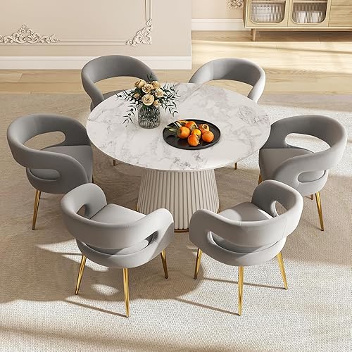 Miniatura 8 de Juego de 2 sillas de comedor modernas tapizadas, sillas de comedor de terciopelo gris con patas doradas, respaldo abierto y silla de cocina, silla