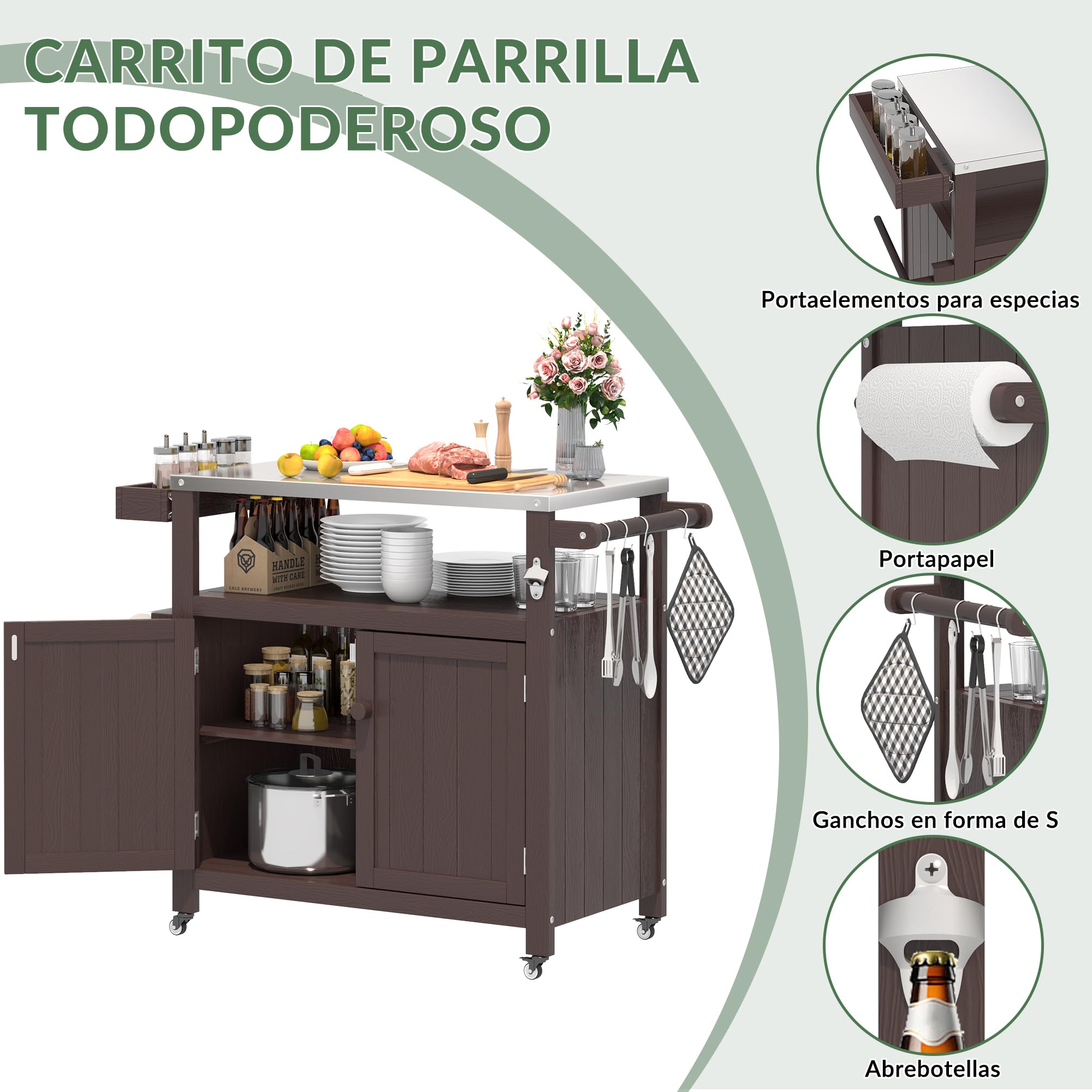 Carrito de Parrilla para Exteriores con Cubierta de Acero Inoxidable, Carrito de jardín Hips Resistente a la Intemperie, Isla de Cocina portátil con Ruedas, Ganchos y Estante Lateral