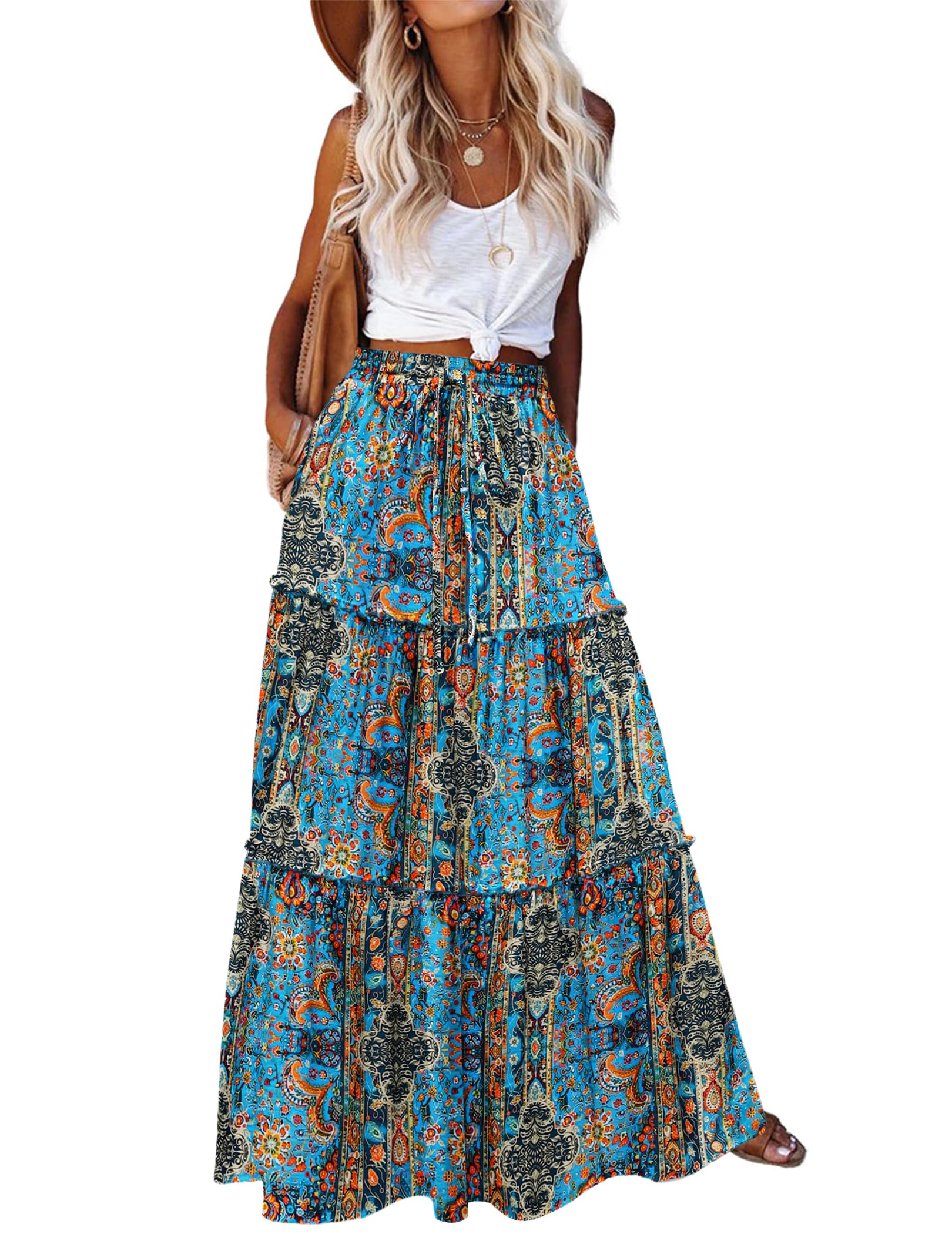Hotouch Rock Damen Hohe Taille Röcke Elegant Maxirock A-Linie Schichtung Kordelzug Freizeitrock Blumen Rock mit Taschen