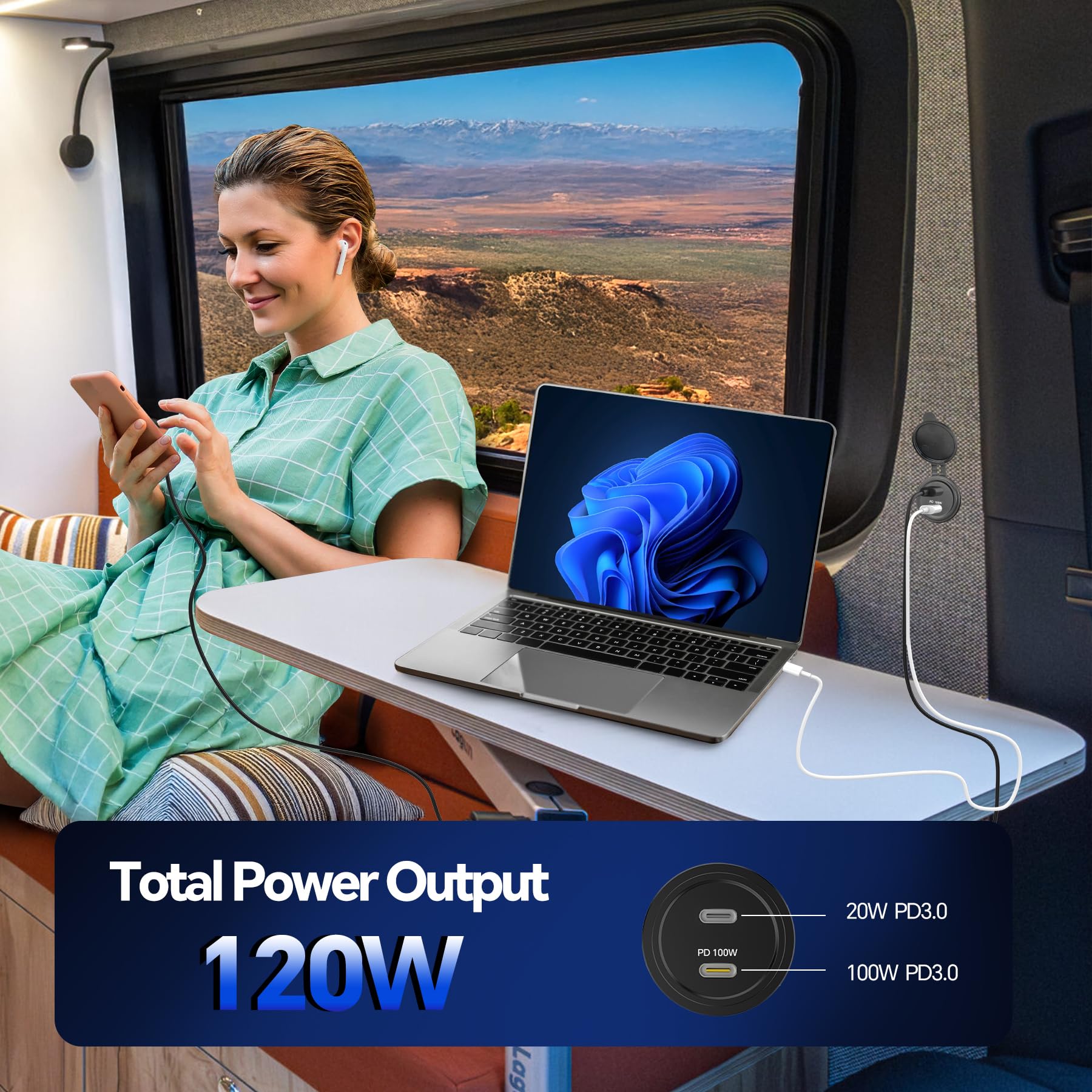 acegoo Gniazdo USB C 12 V 100 W PD i 20 W PD Campervan gniazdo USB, całkowicie aluminiowa wodoodporna ładowarka do laptopa, szybkie ładowanie do kampera, łodzi, autobusu, samochodu, ciężarówki, ATV