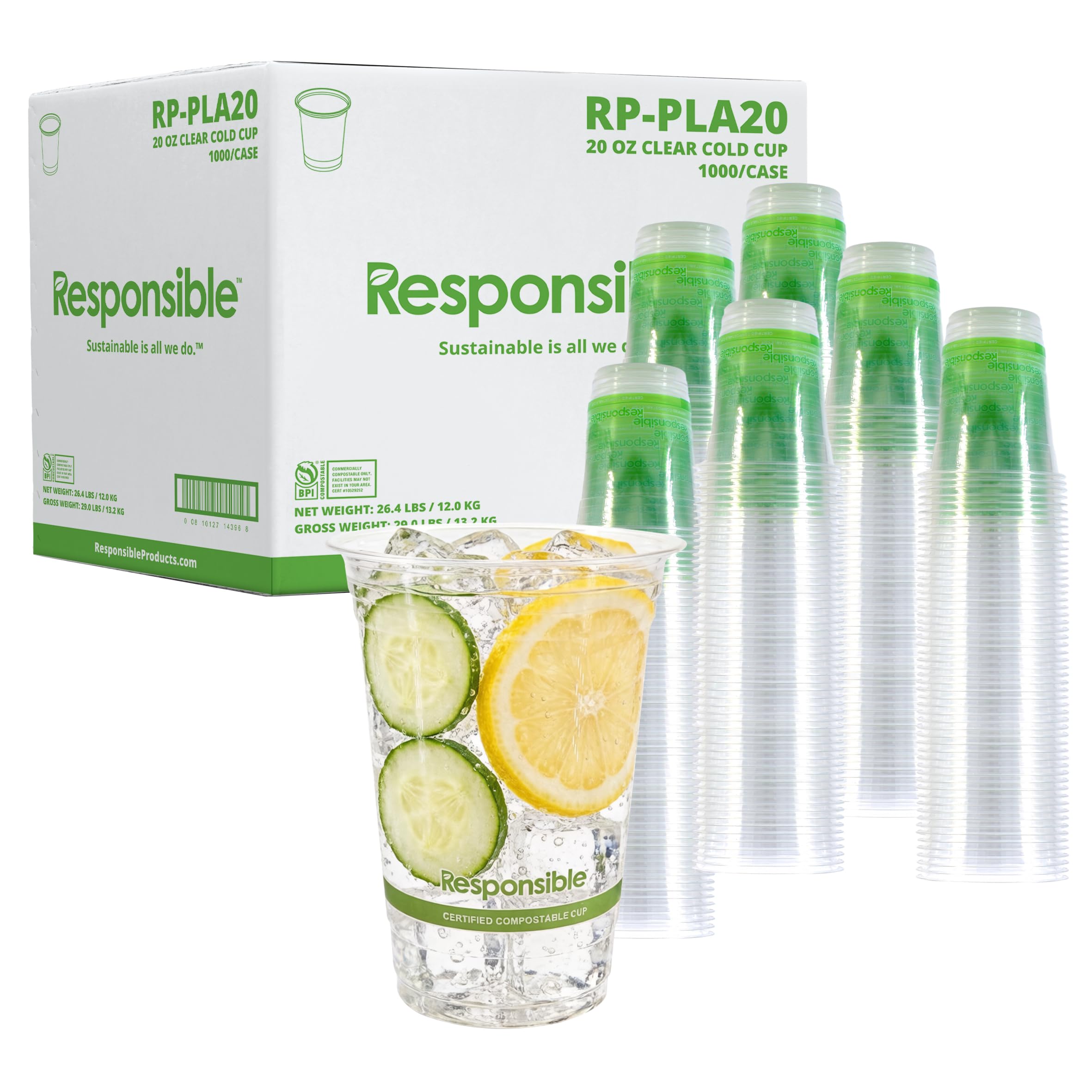 Responsible Products Taza fría transparente 100% compostable de 20 onzas, taza biodegradable extra fuerte, hecha de materiales vegetales naturales (1000 tazas)