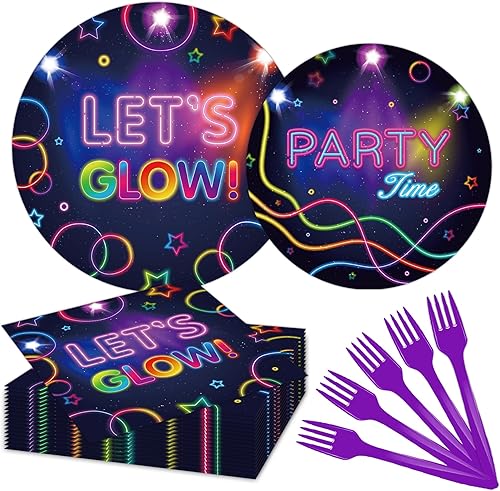 Glow - Juego de vajilla para fiesta de cumpleaños sirve para 24 platos de papel desechables que brillan en la oscuridad de 7 pulgadas, platos de disponible en Yaxa Peru