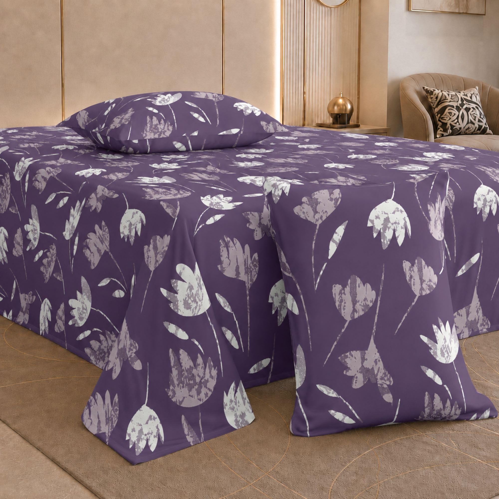 Jaipur Weaves Cotton King Size Bedsheet 108x108 Super King, 100% Pure Cotton Bed Sheet with 2 Pillow Covers, 300 TC Soft Breathable Floral Design Bedding (Purple Tulips, Super King)-image-25