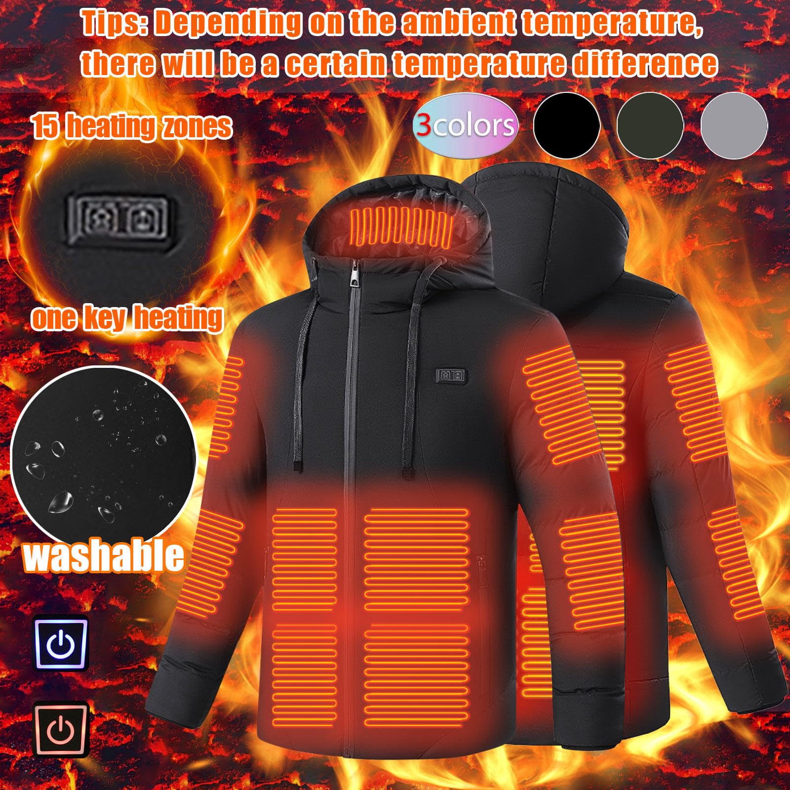 Beheizbare Jacke Beheizte Jacke mit Kapuze 2024 Winter Daunenjacke für Herren und Damen Warm mit 3 Heizstufen 15 Heizzonen USB Ladeanschluss Wasserdichte Mäntel für Die Arbeit Warme Unisex