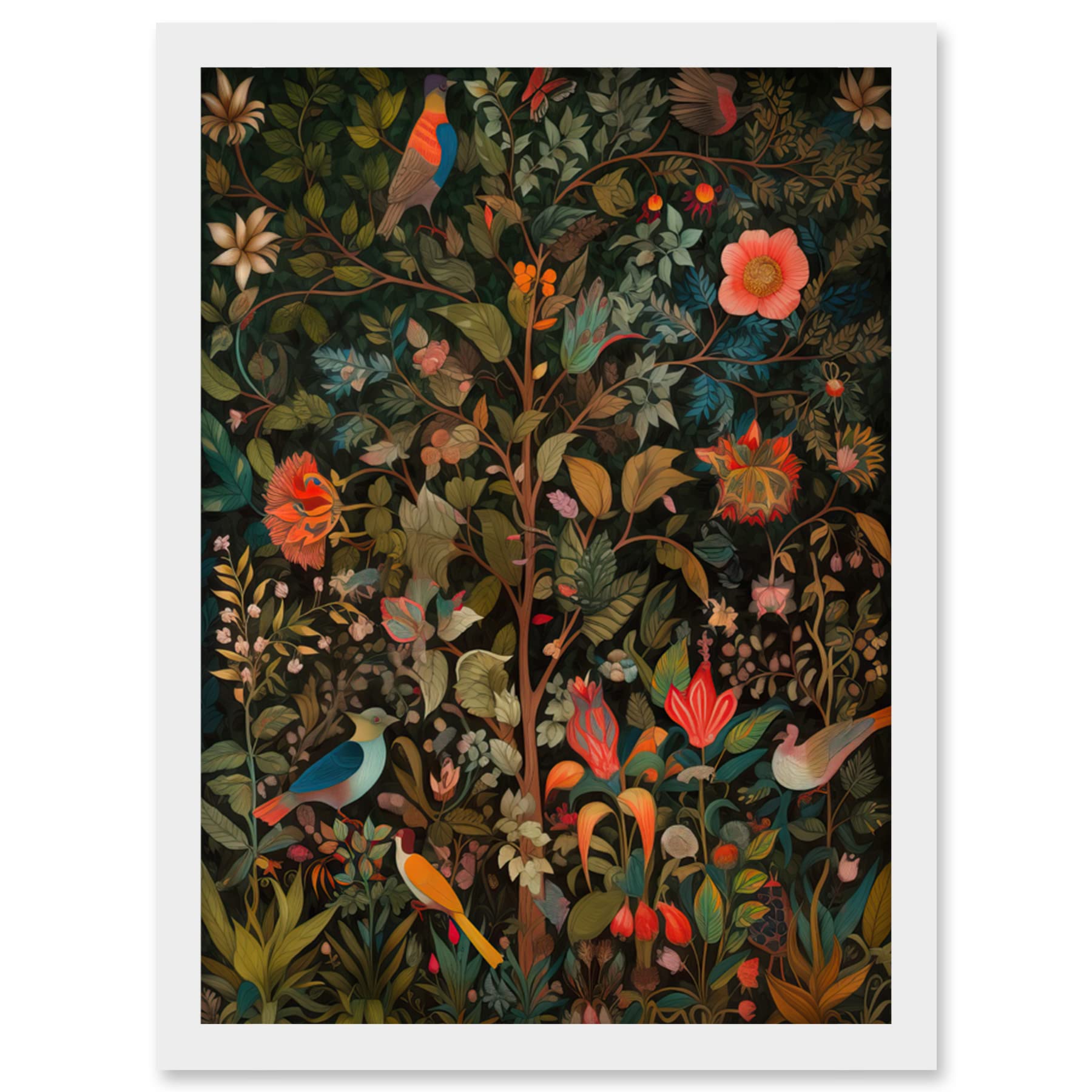 Artery8 Birds on Blooming Trees in Spring Modern Folk Art Artwork Framed Wall Art Print A4