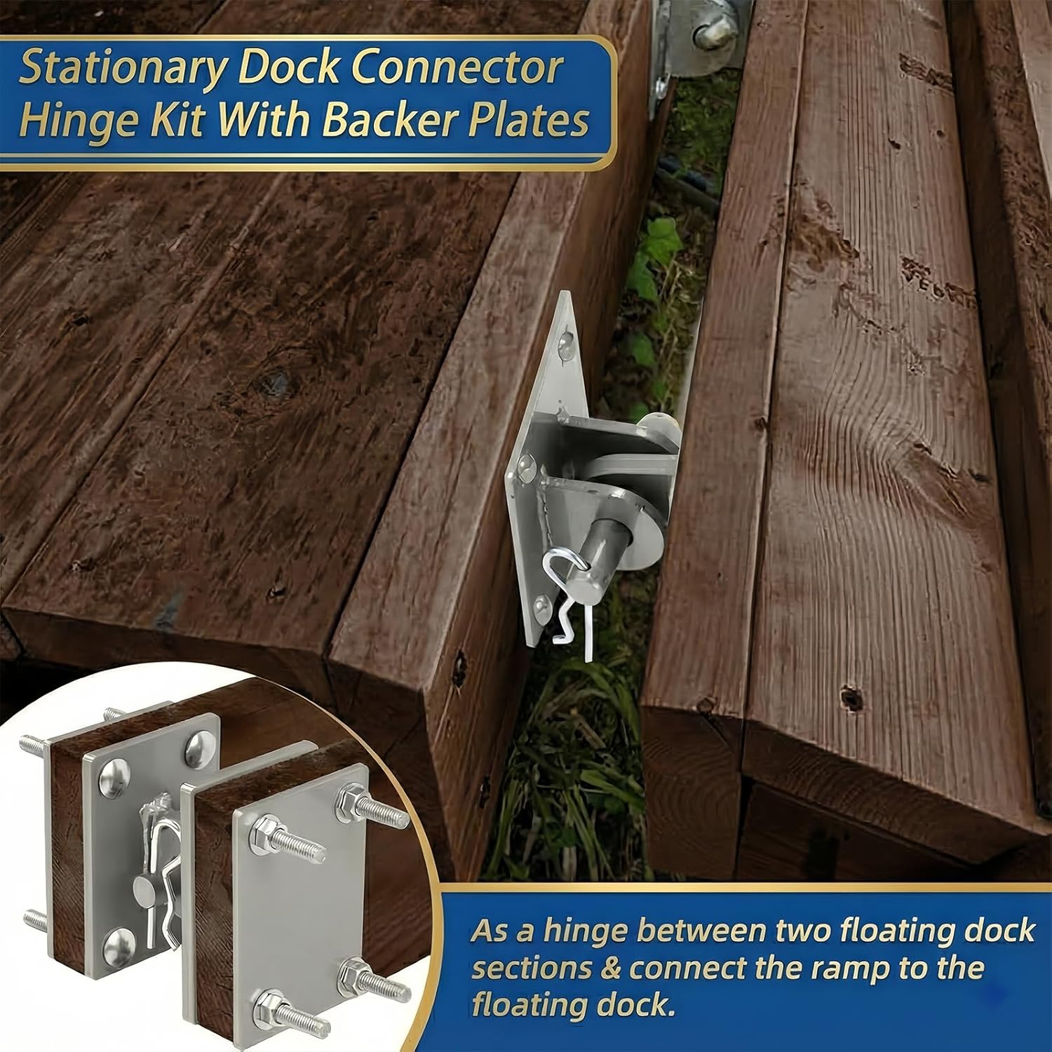 2 Pack Stationary Heavy-Duty Floating Dock Connector Hinge Kit, Dock Hardware Brackets,Male & Female T Style Corner Hinge, T Style Backer Plate, Connector Pin, Carriage Bolts, to Connect Floating Dock