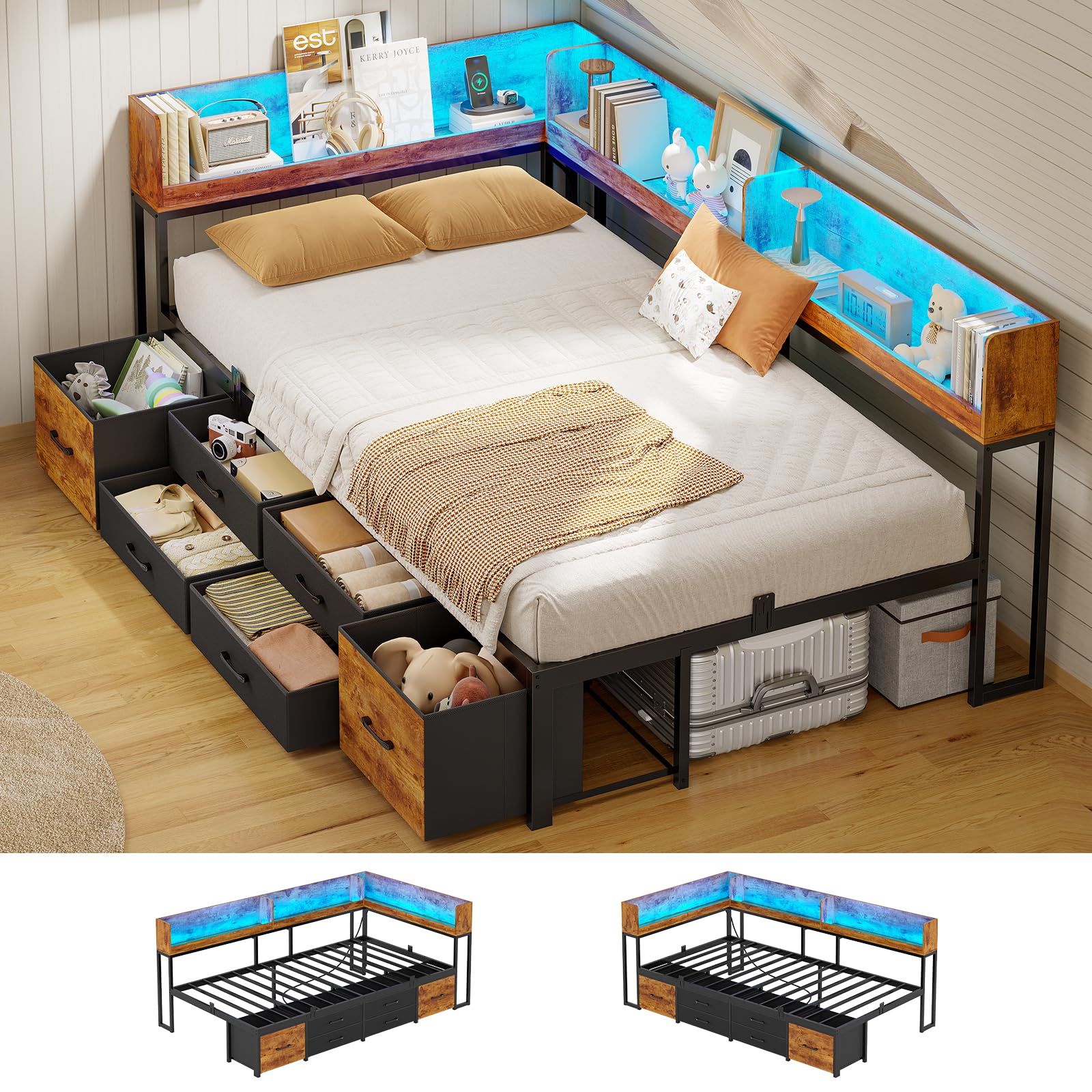 Bett 90x200 mit Stauraum Schlafsofa mit Integriertem Bücherregal & 6 Schubladen,Jugendbett mit LED-Beleuchtung & Ladestation Gästebett Tagesbett Bettgestell mit Lattenrost(Vintage Braun, 90x200cm)