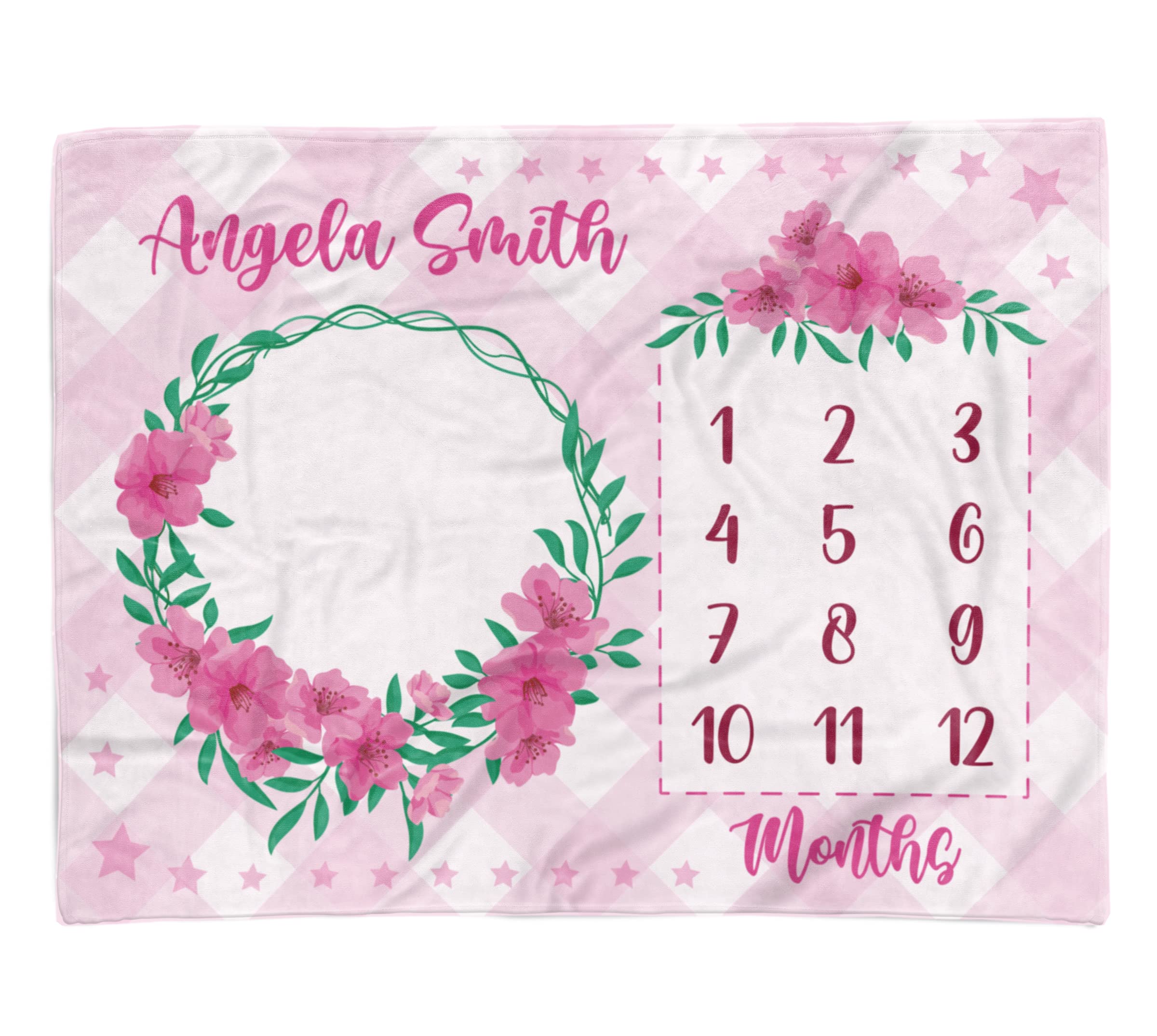 TEEAMORE Custom Baby Monthly Milestone Throw Blanket Floral Wreath Design Add Your Text Baby Girl Age Photo Reveal Months Shower Blanket (50X60)