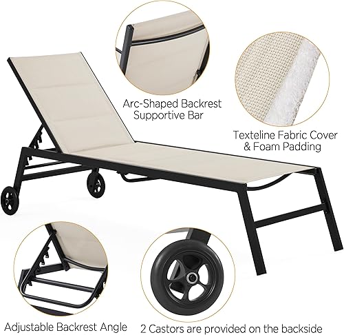 Miniatura 6 de Topeakmart Tumbona al aire libre juego de tumbona de patio con ruedas silla reclinable ajustable de 5 posiciones para piscina patio terraza playa