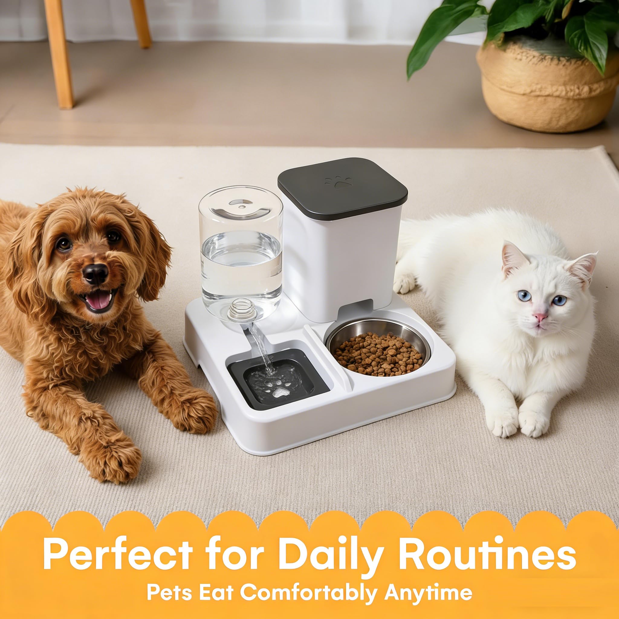 2-in-1 Automatischer Futter und Wasserspender für Haustiere, Abnehmbarer Futterstation, Katzenfutter Spender und Tränke mit Edelstahlschale, Futterspender für Katze und kleine Hunde (Grauweiß)