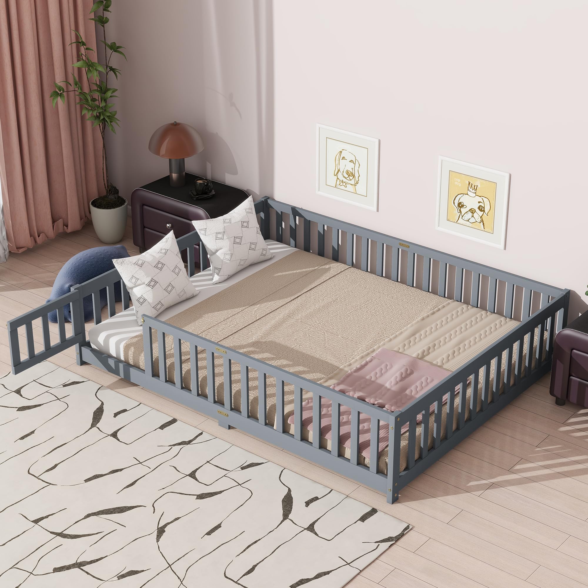 Queen Size Floor Bed with Door & Fence for Kids Boys Girls,Montessori Floor Bed with Roof & Full-Length Guardrails,Easy Assembly & No Box Spring Needed, Grey