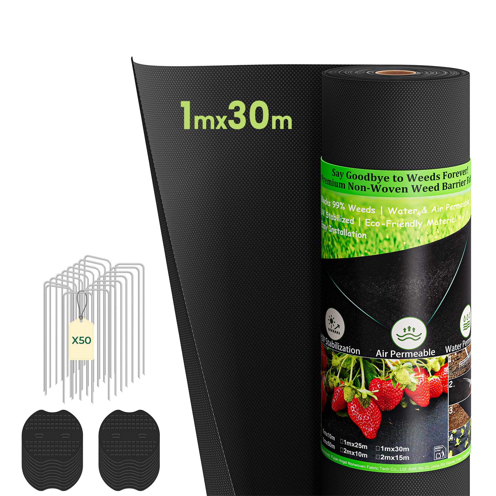 Dripex Malla Antihierbas 1x30M con 50 Clavijas de Jardín, 100g/m² Tela Geotextil para Control de Maleza, Malla contra Malas Hierbas, Resistente a la Rotura y Estabilizada contra UV