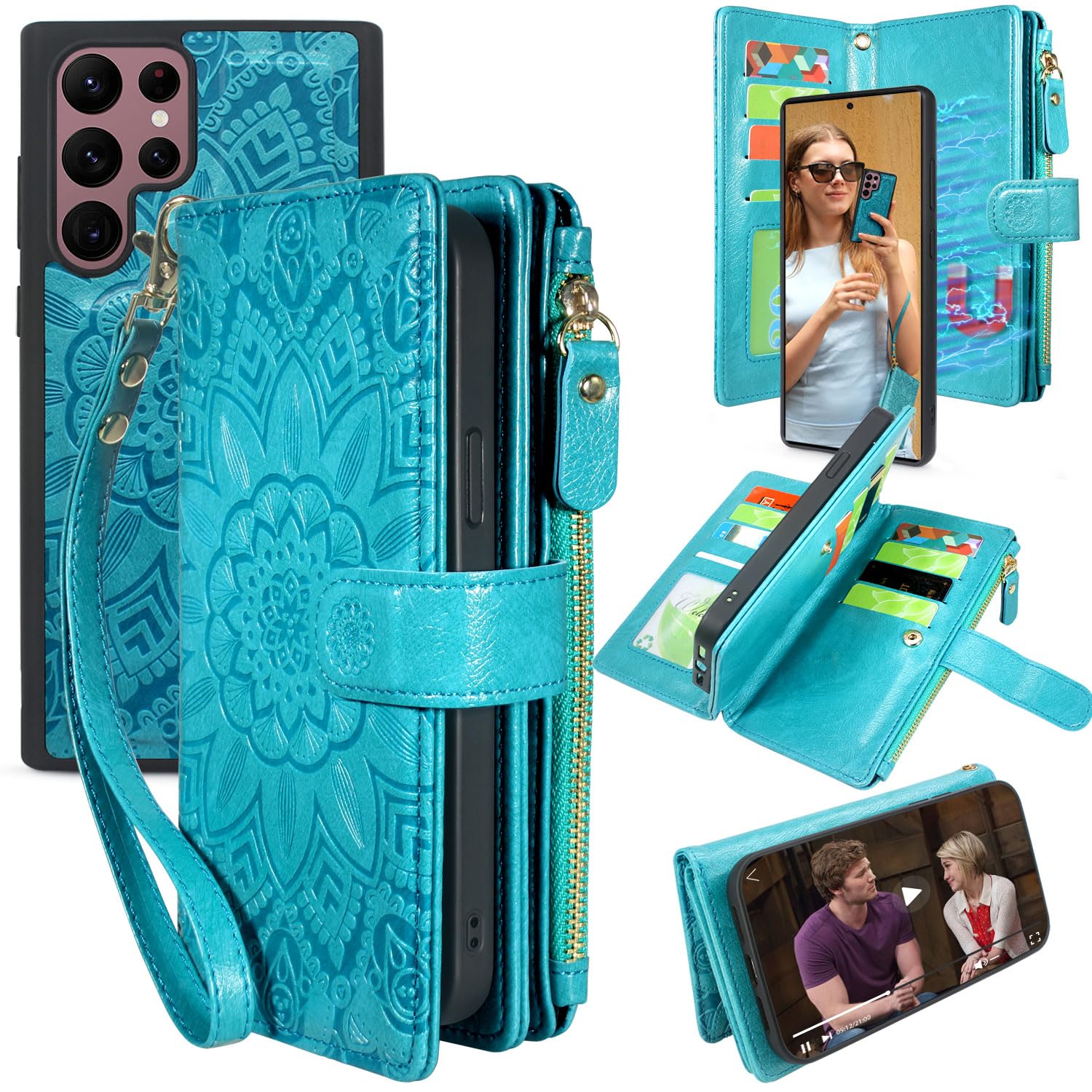 Harryshell Detachable Magnetic Zipper Wallet Leather Case with Cash Coin Pocket 12 Card Slots Holder Wrist Strap Lanyard for Samsung Galaxy S22 Ultra