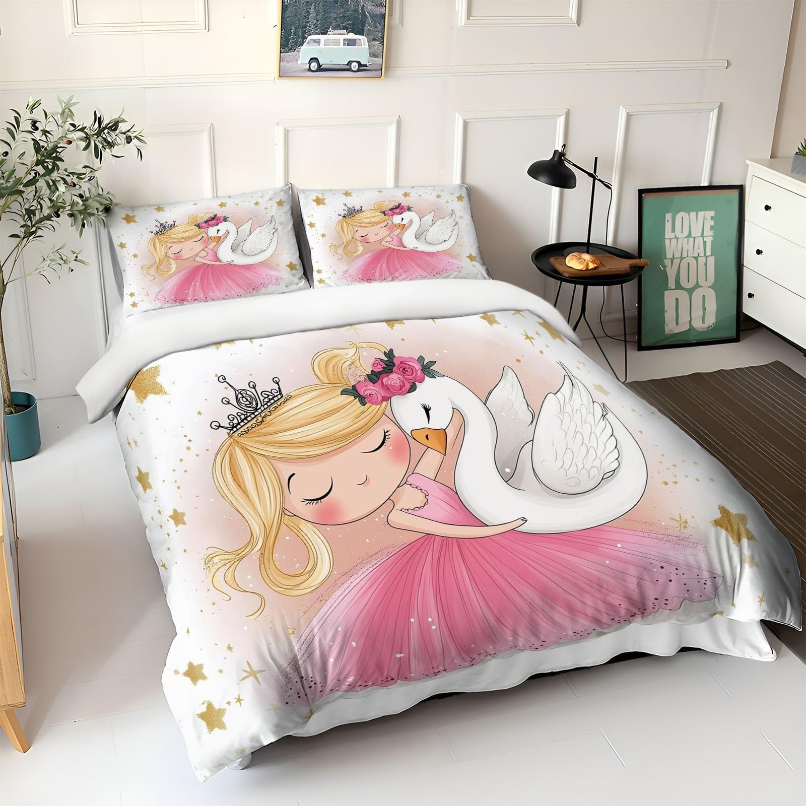 Estrellas De Dibujos Animados Funda Nordica Cama 90 de 3 Piezas Bailarina y Cisne Juego de Funda Nordica 150x200 cm y 2 x Fundas de Almohada de 50x75 para Ropa de Cama Infantil Niño Chico Niña