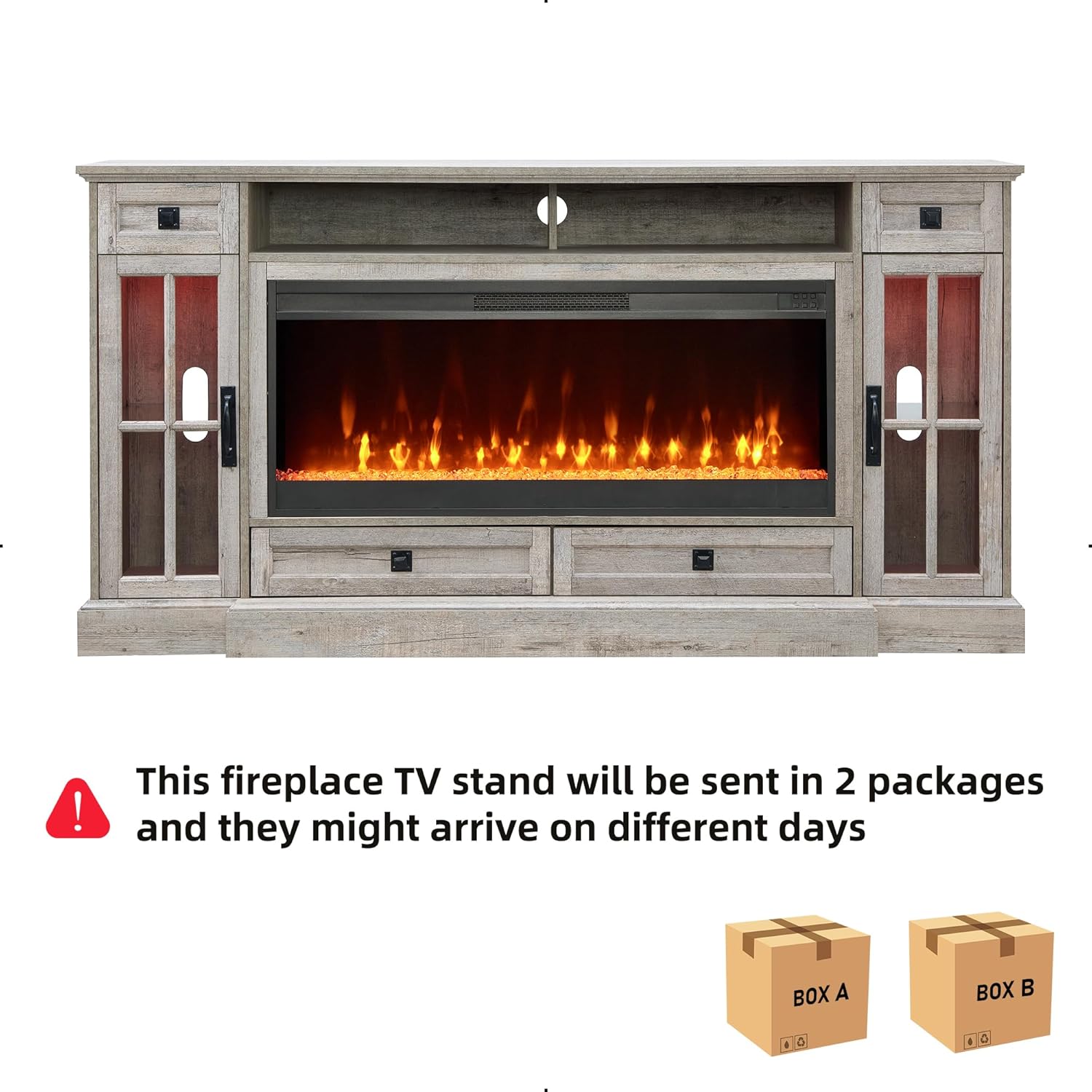 RedLemon Farmhouse Fireplace TV Stand for 80 Inch TV, 36" Tall Entertainment Center with 42" Crystal Eletric Fireplace, Modern Media Console Table with LED Lights for Living Room, Light Rustic Oak