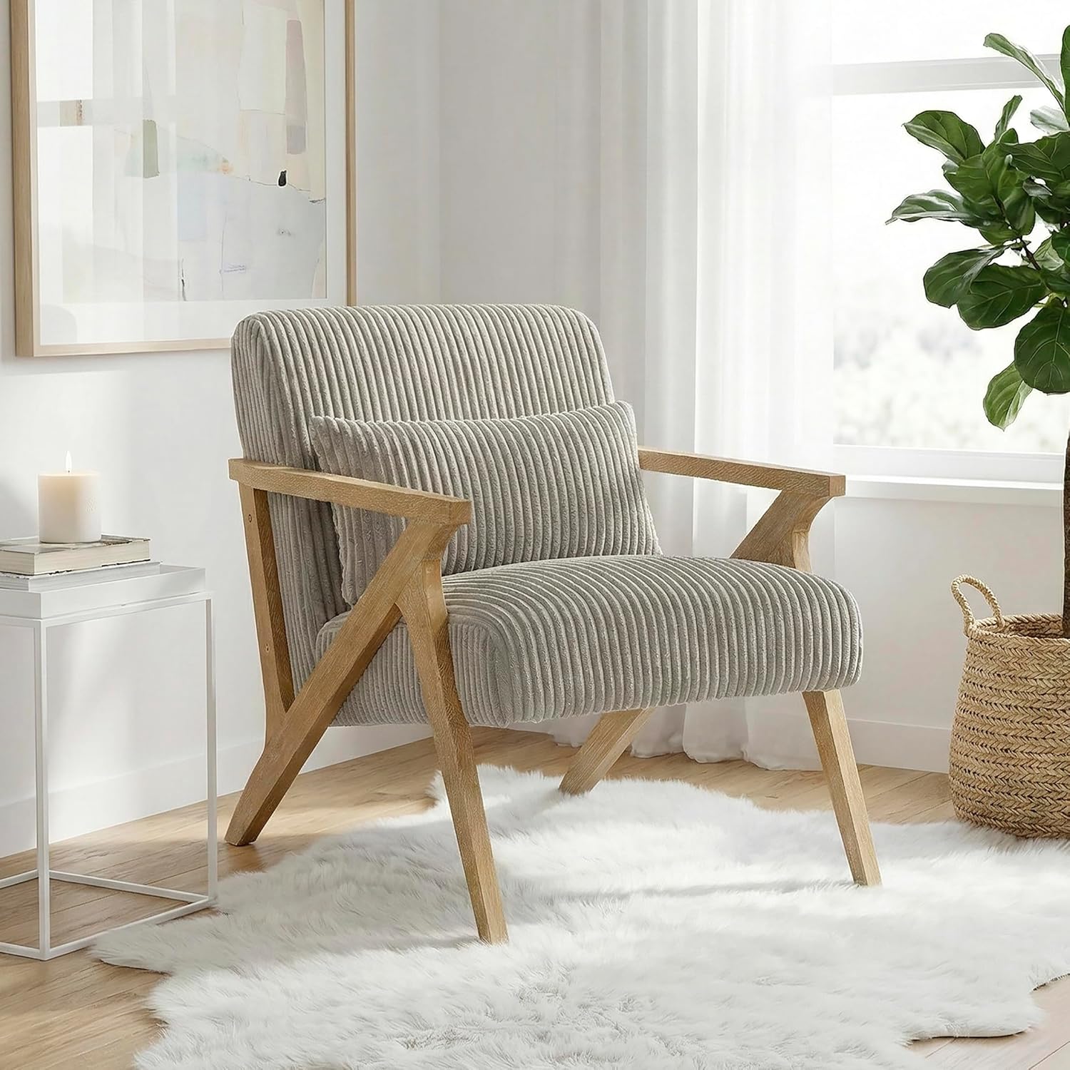 Lexicon Mid Century Modern Accent-Chair with Lumbar Pillow, Brown Solid Wood Frame, Comfy Corduroy Upholstered Lounge Arm Chair for Living Room/Bedroom/Office/Reading Nook, Assembly Required, Taupe