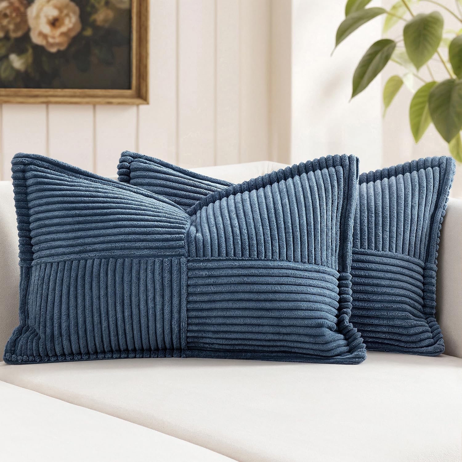 MIULEE Decorative Lumbar Throw Pillow Covers for Couch Bed Livingroom 14x22 Inch Set of 2 Blue Boho Accent Throw Pllows Broadside Striped Patchwork Soft Corduroy Summer Coastal Pillowcases