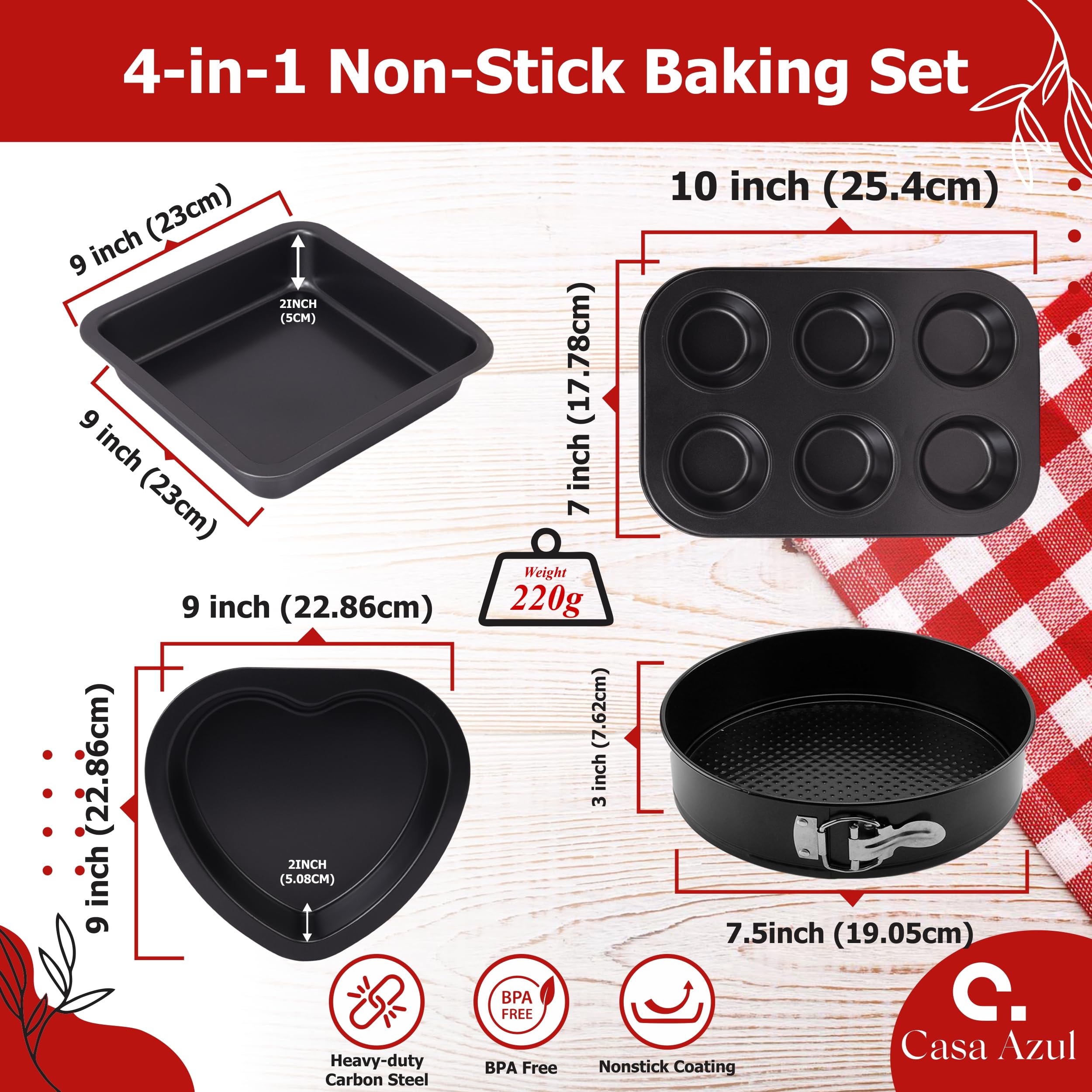Casa Azul 4-in-1 Non-Stick Baking Set | Muffin Tray for Baking, Square Baking Tray, Round Cake Pan, Heart Cake Mould - BPA Free Carbon Steel cake mold, Microwave & OTG Oven Safe Cake Moulds for Baking 1