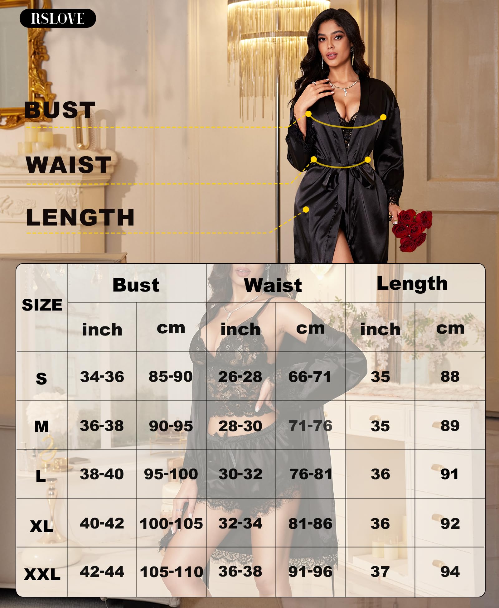 RSLOVE Sexy Dessous für Damen - Satin Morgenmantel Nachtkleid Nachtwäsche