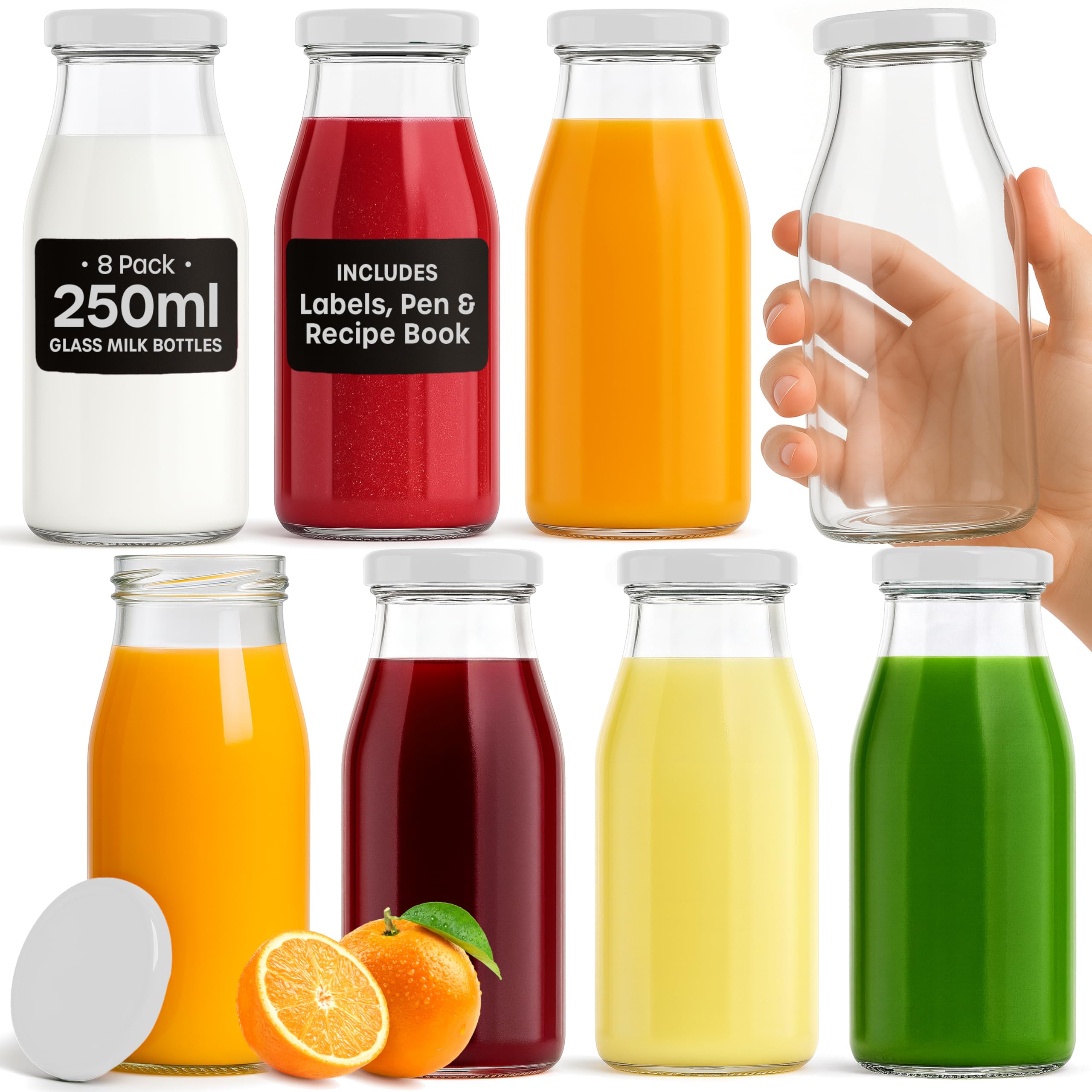 Volila White Glass Milk Bottles With Lids - 8 Pack X 250Ml Glass Bottles With Lids, Labels, And Pen - Reusable Milk Bottle For Juices, Dressings, Sauces, Beverages, Decoration And Storage (Whitelid)
