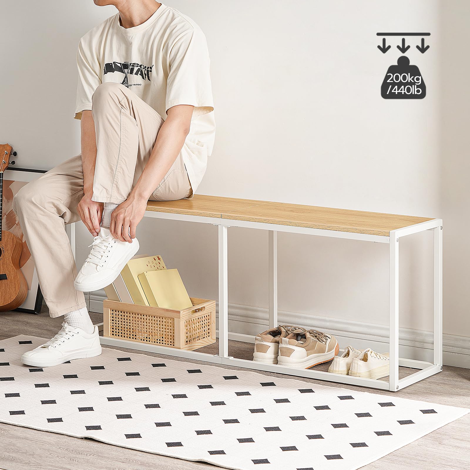 HOOBRO Banco, Taburete Comedor, Banco Cocina de 120 x 30 x 46.5 cm, Taburete Desayuno Estilo Industrial, Estructura Metálica, Adecuado Cocina, Salón, Vestíbulo, Dormitorio, Blanco y Natural EWN12CD01 — view 7