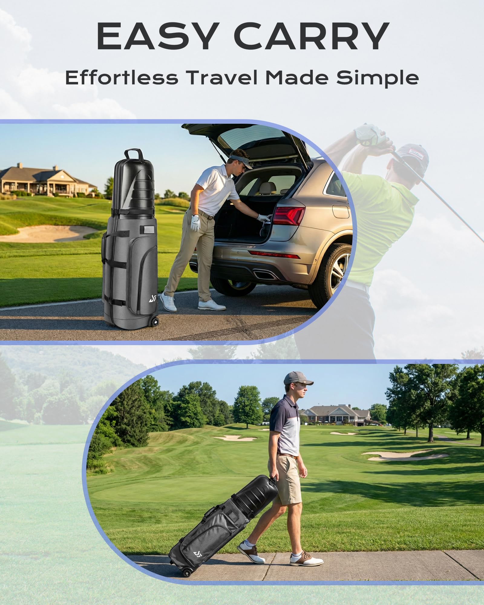 Golf-Reisetasche für Fluggesellschaften, ABS-Hartschalen-Oberteil, 1680D Oxford-Tuch, 4 Seitentaschen, zwei 10,2 cm Räder, abschließbare Reißverschlüsse, faltbarer Club-Reisekoffer