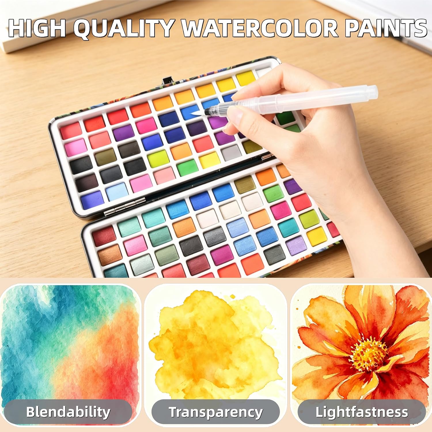 PABLUE Watercolor Paint Set 100 Colors, Detail Paint Brush Included, Portable Carrying Case, Palette and Accessories, Art and Travel Drawing Painting Supplies, for Beginners and Professionals