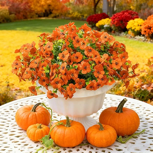 Artificial Flowers for Outdoor Indoor Garden Home Decoration, 12 Bundles Faux Flower Daisy with Eucalyptus Leaves Realistic Faux Plants, Fall Decor for Porch Patio Balcony Planter Yard(Orange)