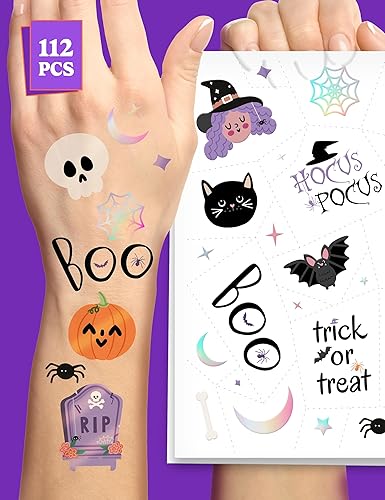 HOUSE OF PARTY Tatuajes temporales de Halloween para niños, 112 calcomanías de Hocus Pocus, tatuajes de murciélago, calcomanías de calavera,