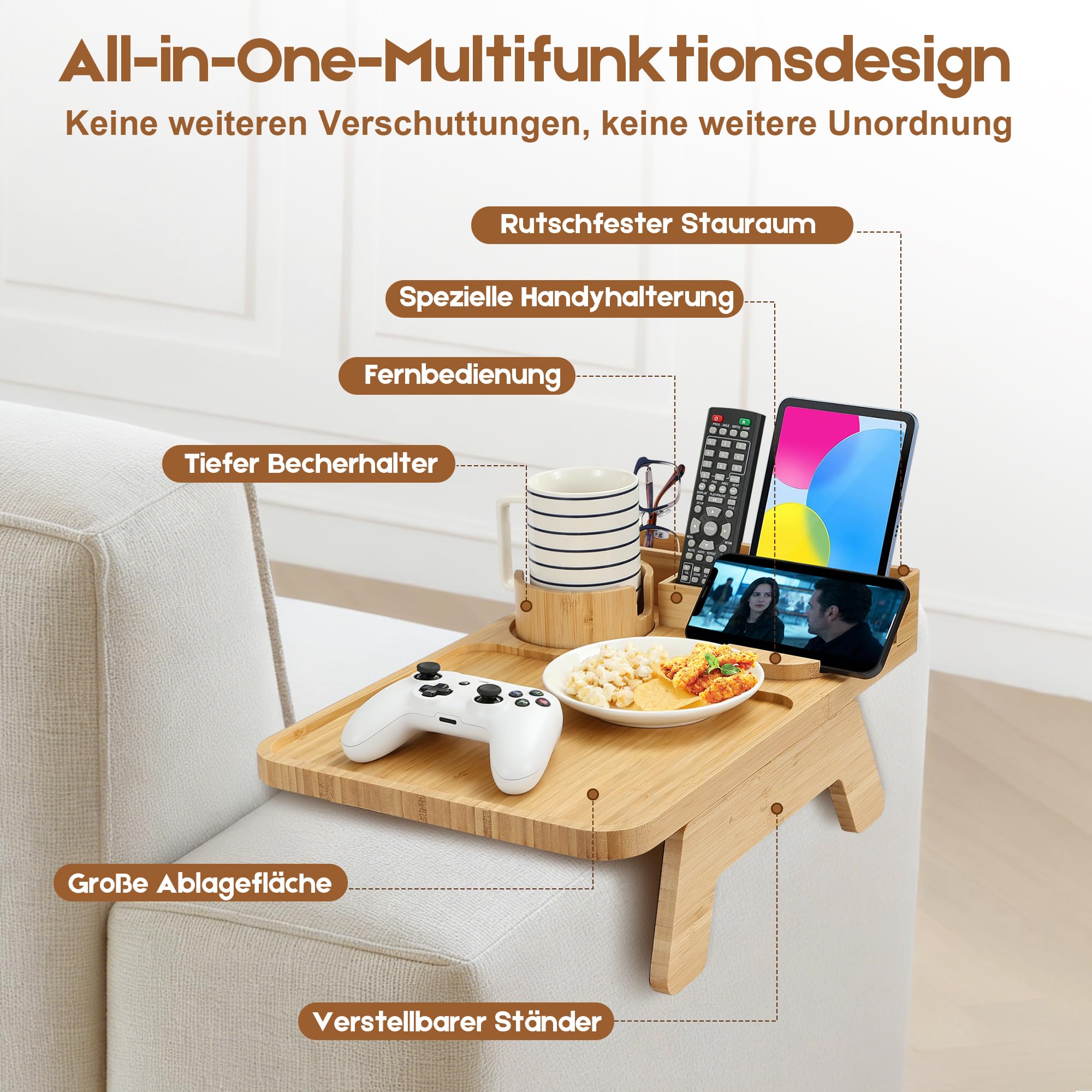 Bambus Sofa Armlehnen Tablett - Rutschfestes Couch Tablett Armlehne mit Becherhalter, Handyhalterung & Stauraum, Universal Armlehnen Organizer für Sofa, Sessel & Liegestuhl