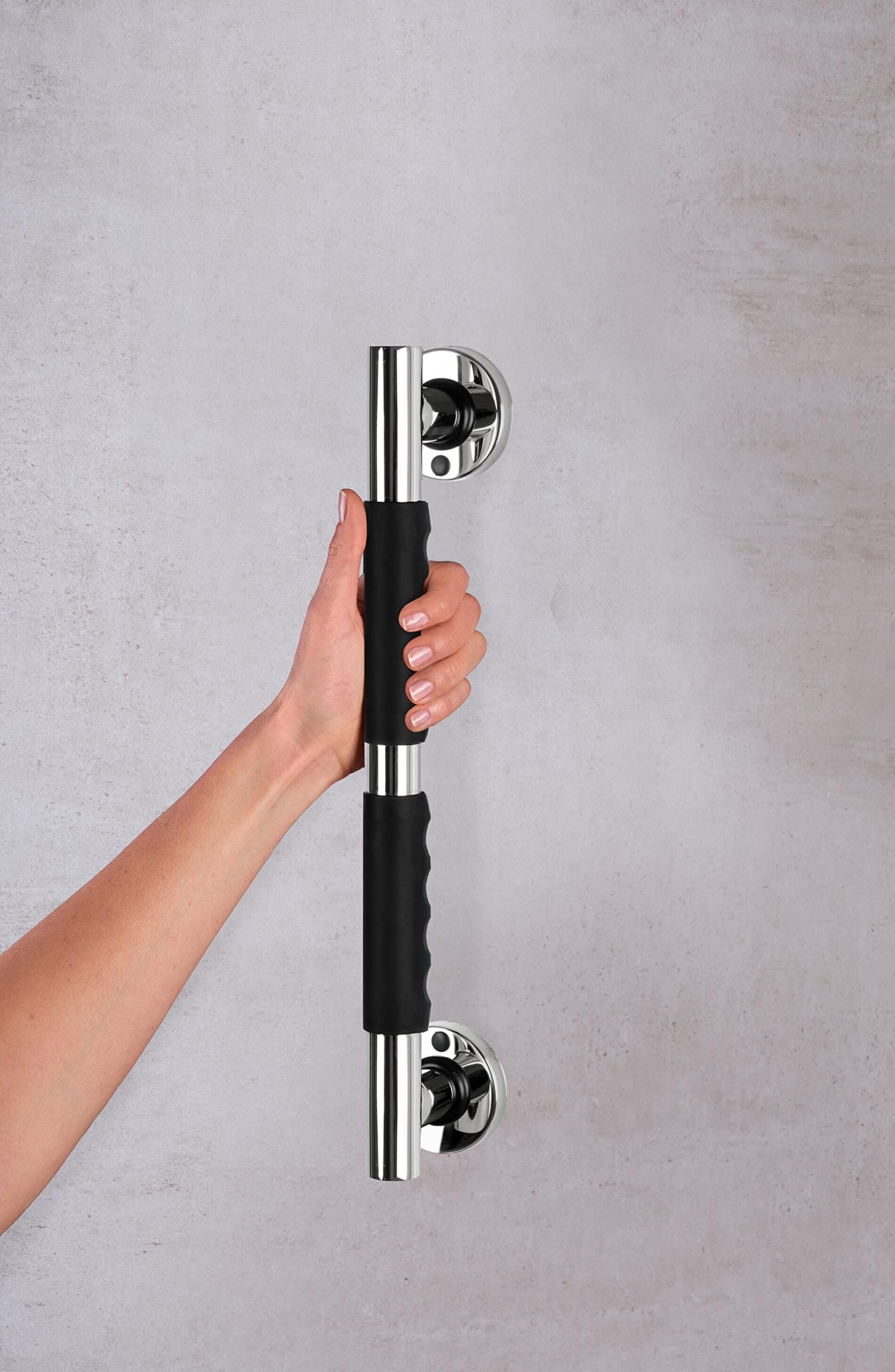 RIDDER Haltegriff, Wannengriff, Duschgriff Ken M, chromfarben schwarz, Edelstahl | Rutschhemmende Grifffläche | Ergonomisch | Rostfrei