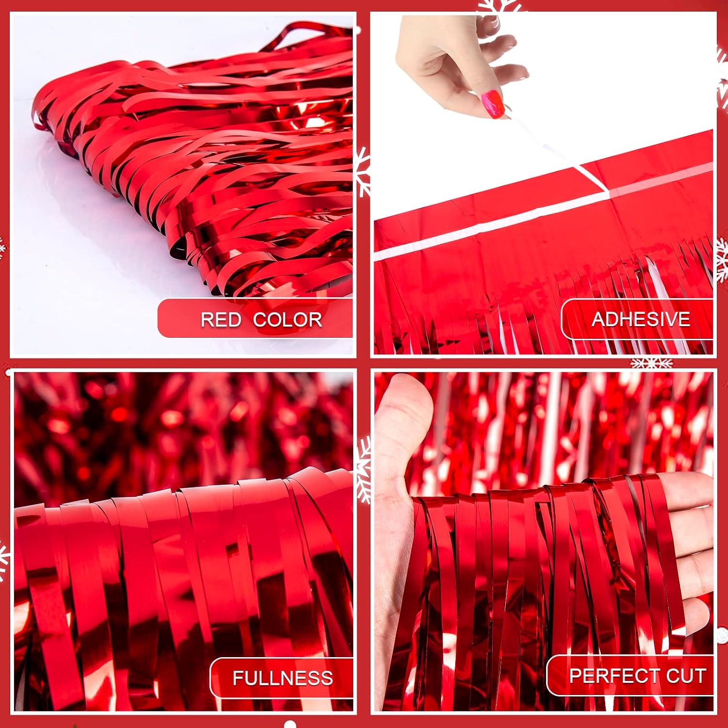 LOLStar 3 Pack Christmas Foil Fringe Curtains Decoration 3.3 X 6.6 ft Red Tinsel Fringe Photo Backdrop Streamer for New Year, Ugly Sweater Party