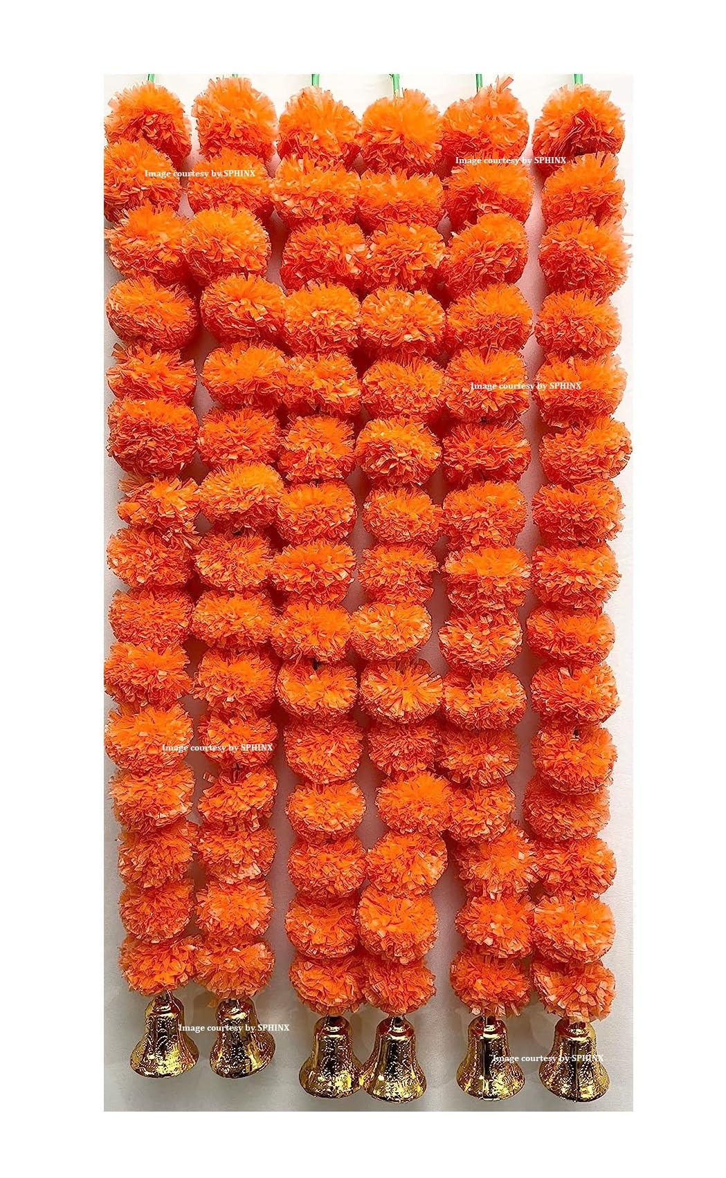 SPHINX Artificial Marigold Fluffy Flowers and Golden/Silver Hanging Bells Short Garlands/Torans/Wall hangings for Decoration Approx 2.5 ft- 15 Flowers per String- (Dark Orange, 6)