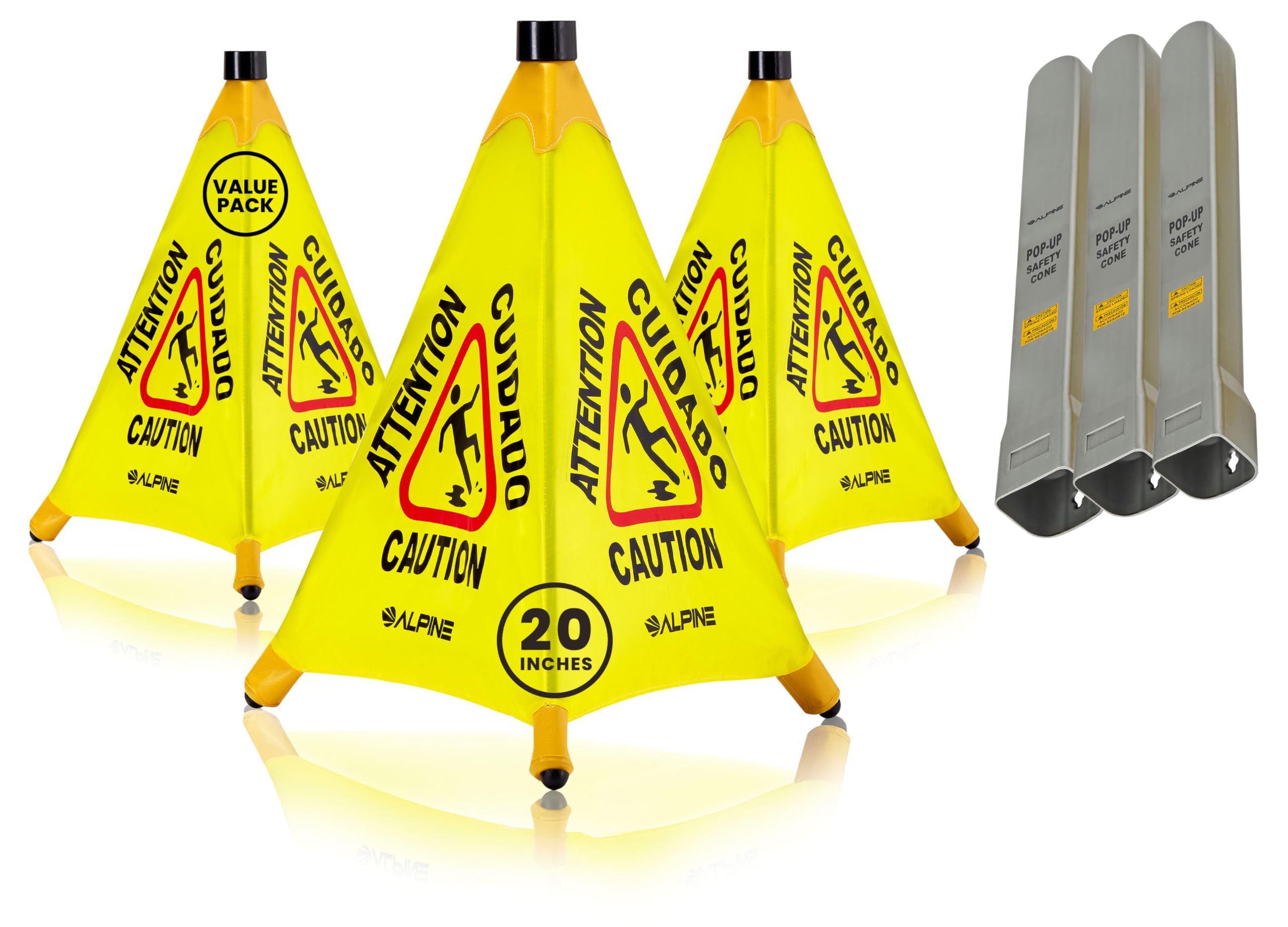 Alpine Caution - Letrero de advertencia de suelo húmedo, 3 unidades, letrero desplegable resbaladizo cuando está mojado, montado en la pared, plegable, bilingüe, amarillo, cono de precaución de