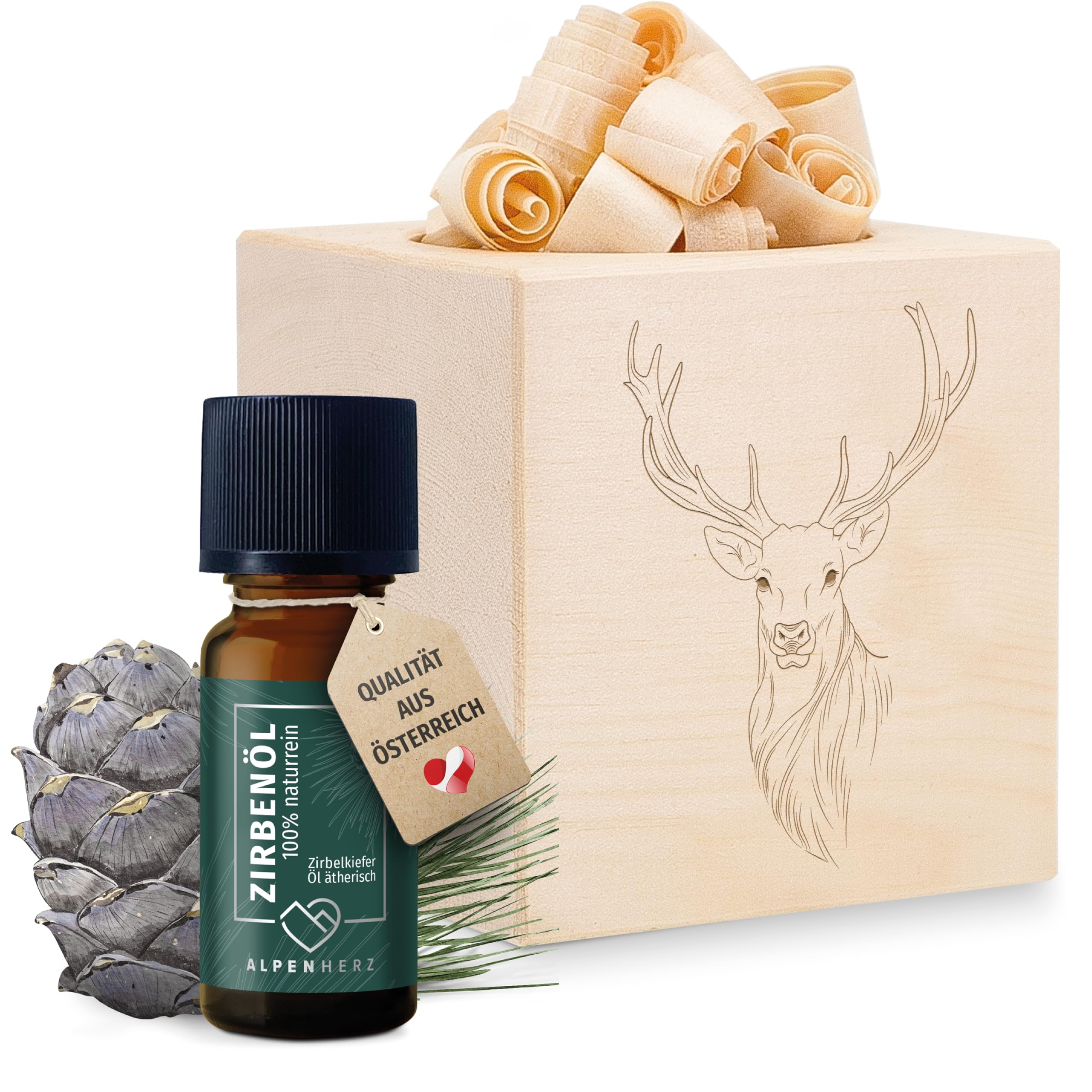 Alpenherz Zirbenwürfel Set - Zirbenöl 10 ml naturrein aus Österreich - Zirbenholz Würfel Duftspender Zirben Duft Holz Deko Zirbe Jäger Geschenke Zirbelkiefer Zirbenset (Hirsch)